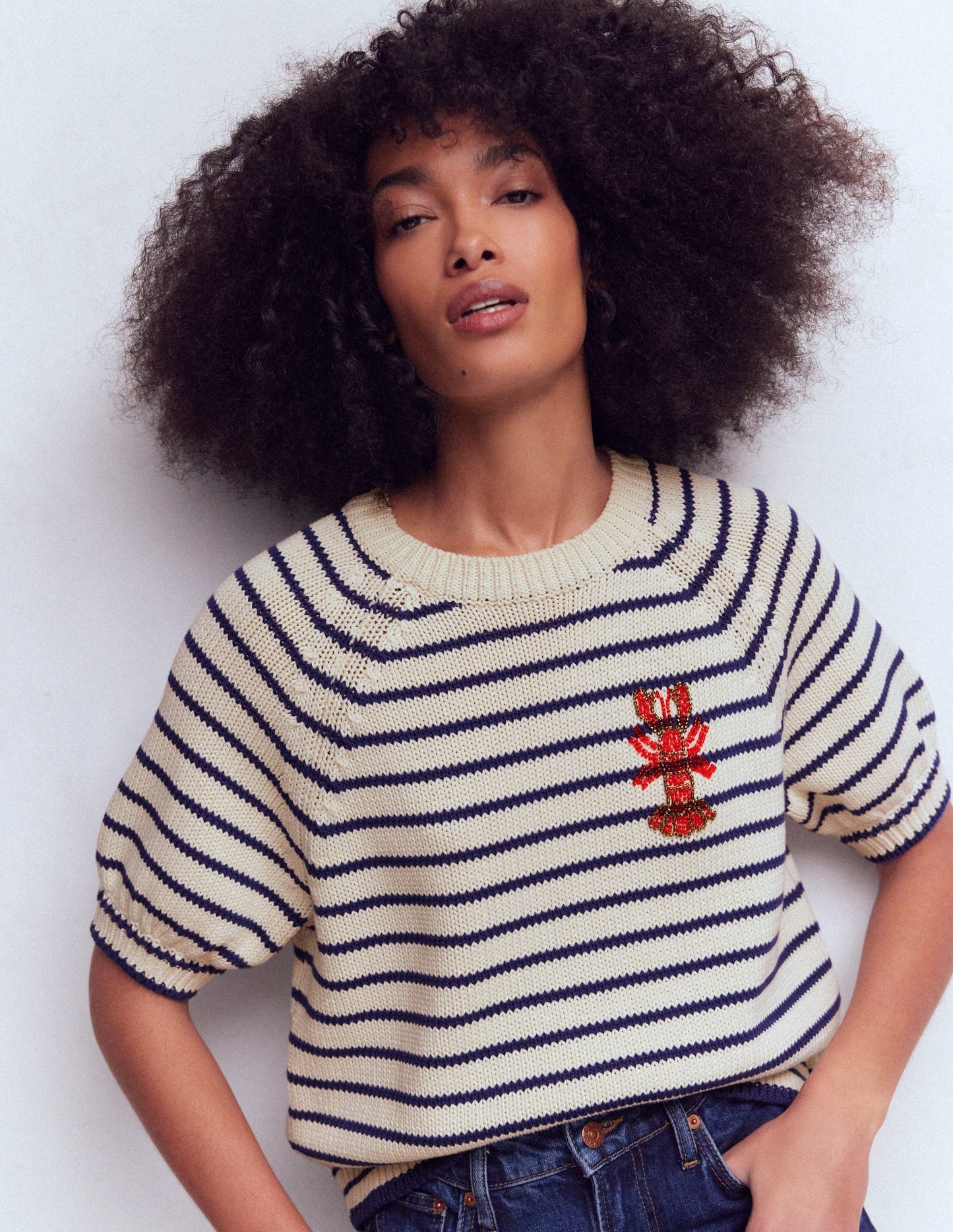 Margot T-Shirt mit Puffärmeln-Naturweiß/Marineblau Hummer