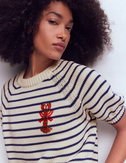 Margot T-Shirt mit Puffärmeln-Naturweiß/Marineblau Hummer-4