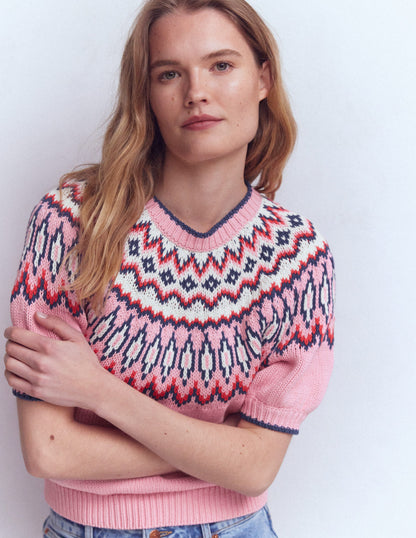 Margot T-Shirt mit Puffärmeln-Mandelrosa Fair-Isle-4