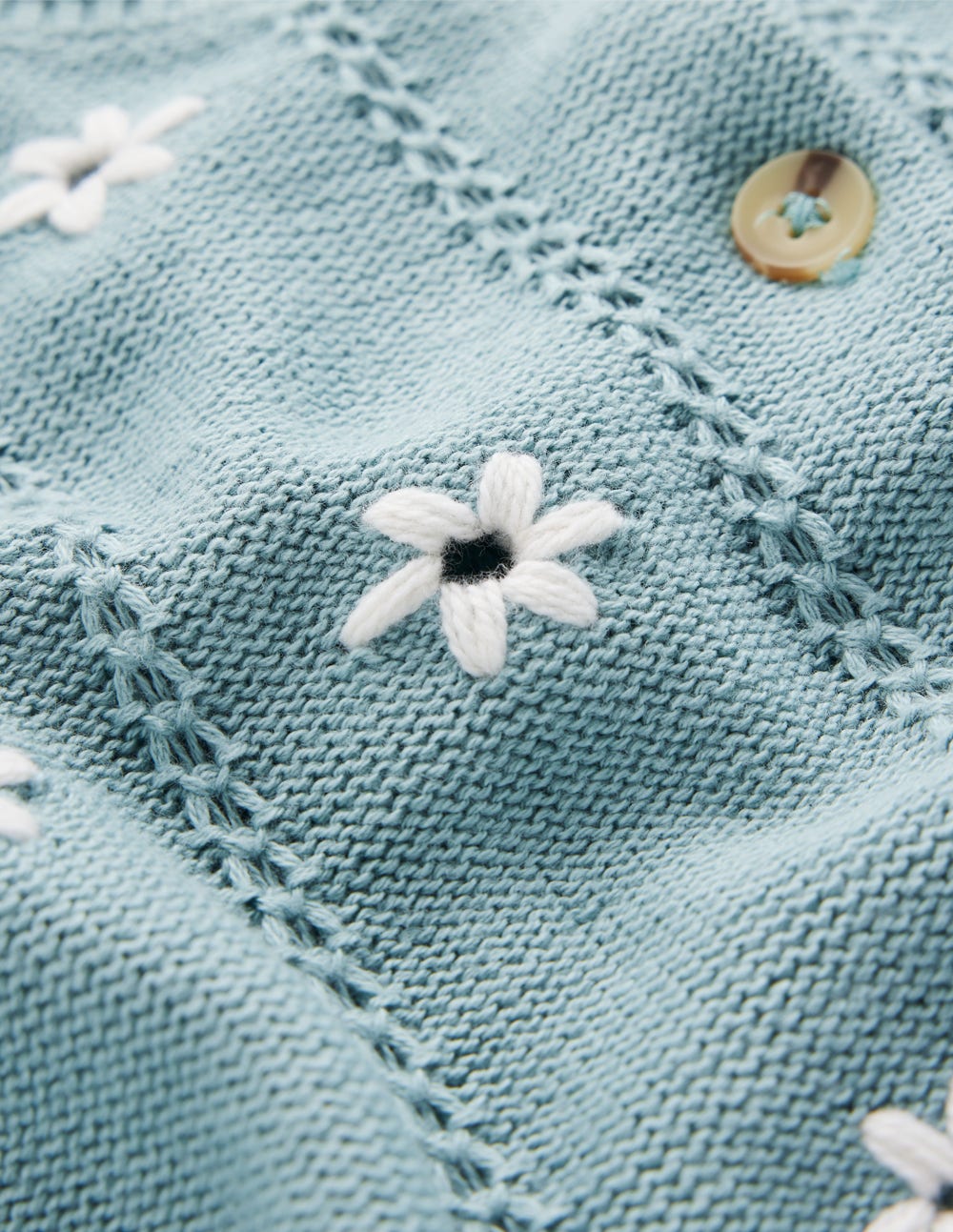 Valeria Strickjacke mit Häkelbesatz-Meeresdunst-Blau, Stickerei-6