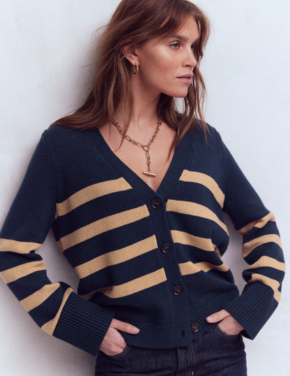 Lucy Lockere Strickjacke aus Baumwolle-Marineblau/Kamelbraun Meliert-5