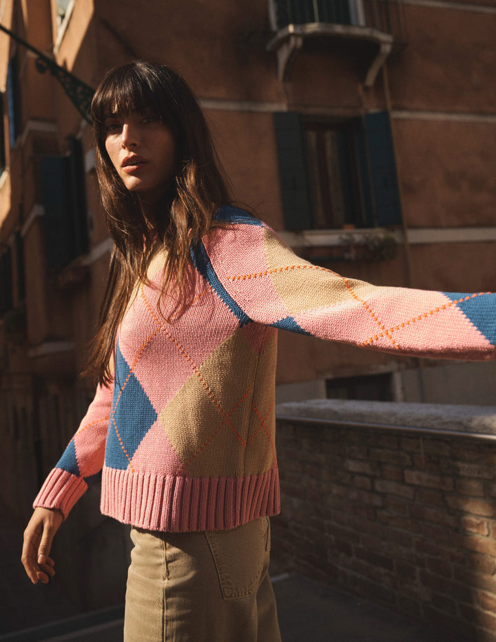 Camilla Argyle-Pullover aus Baumwolle-Rosa Argyle