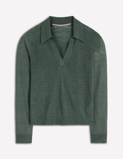 Agnes Leinenpullover mit Kragen-Grüner Jaspis-5