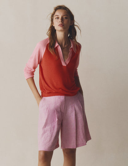 Agnes Leinenpullover mit Kragen-Sonniges Korallenrot / Kirschblütenrosa-8