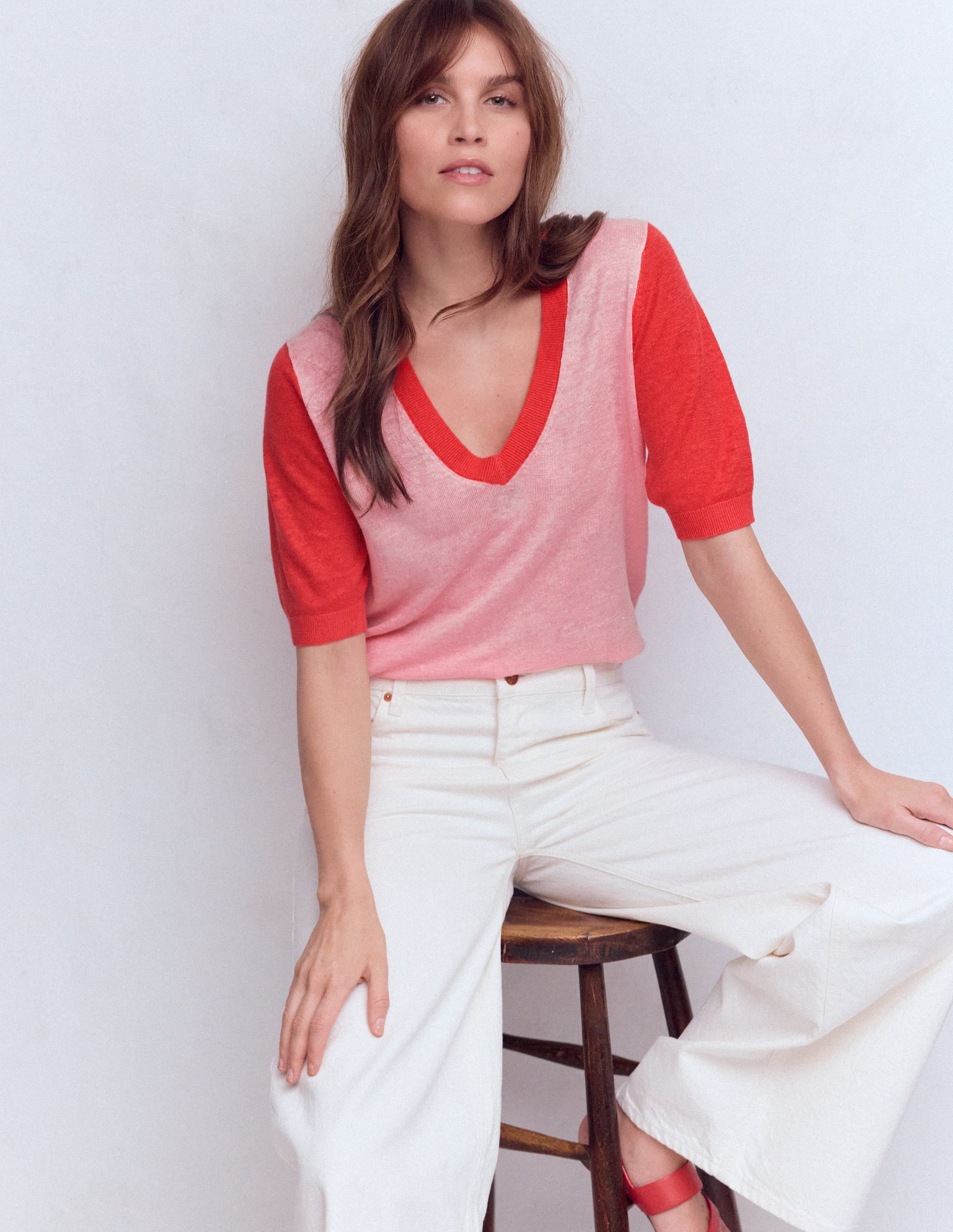 Agnes Leinen-T-Shirt mit V-Ausschnitt-Rosa Blockfarben - Image 1
