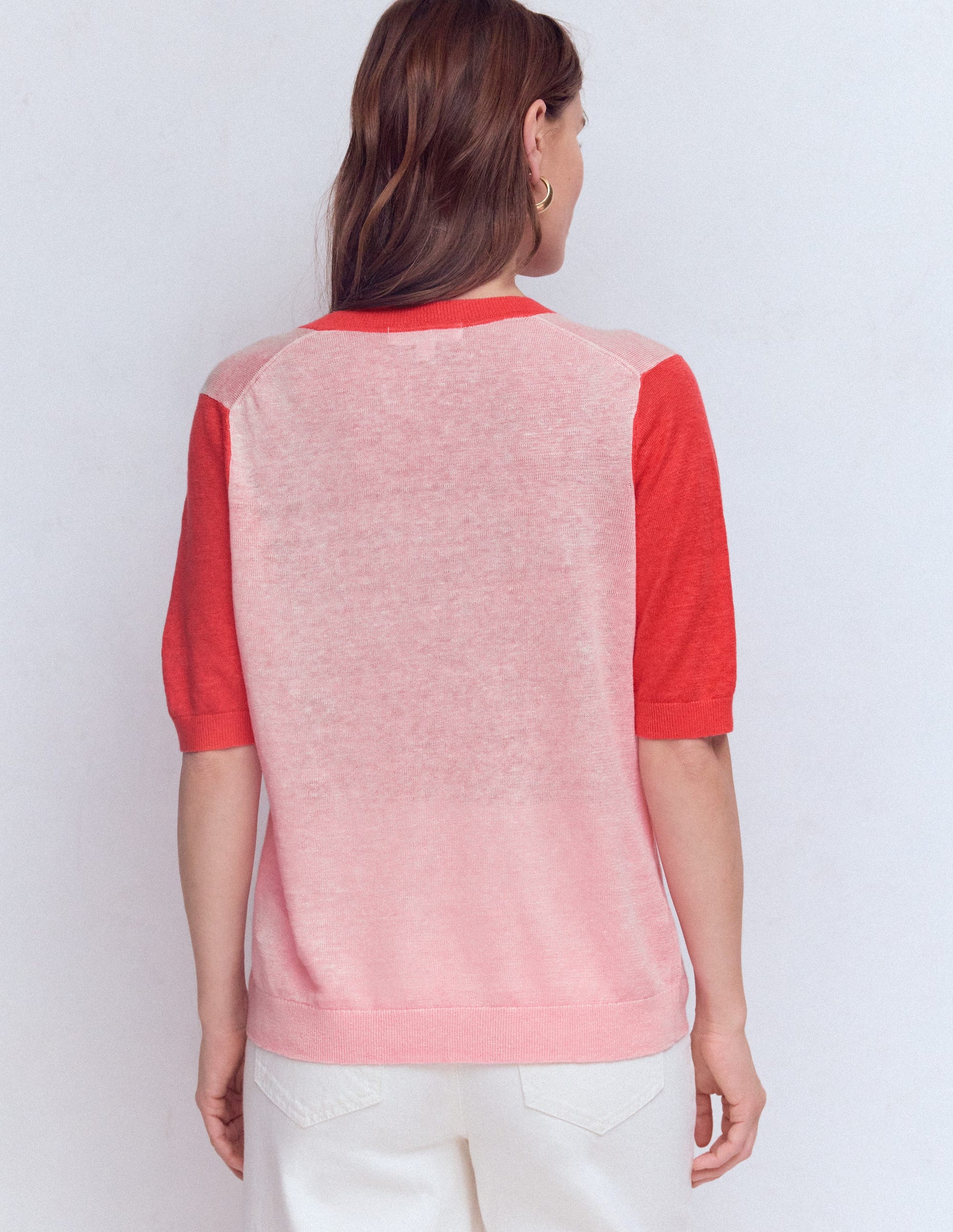 Agnes Leinen-T-Shirt mit V-Ausschnitt-Rosa Blockfarben-3