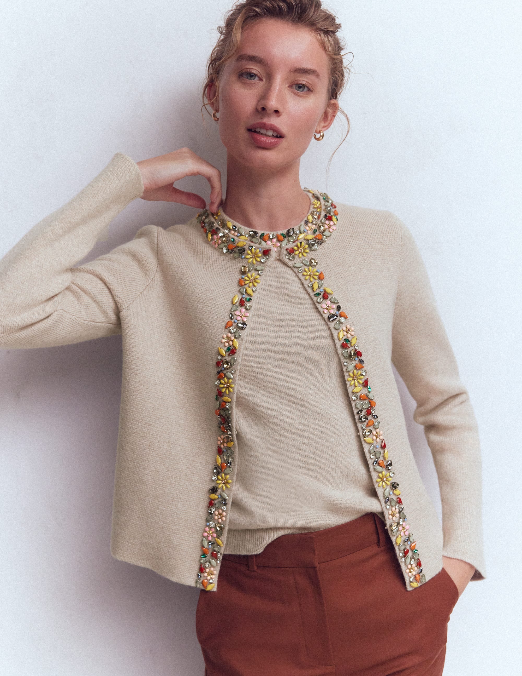 Verzierte Strickjacke-Graubraun Meliert - Image 1