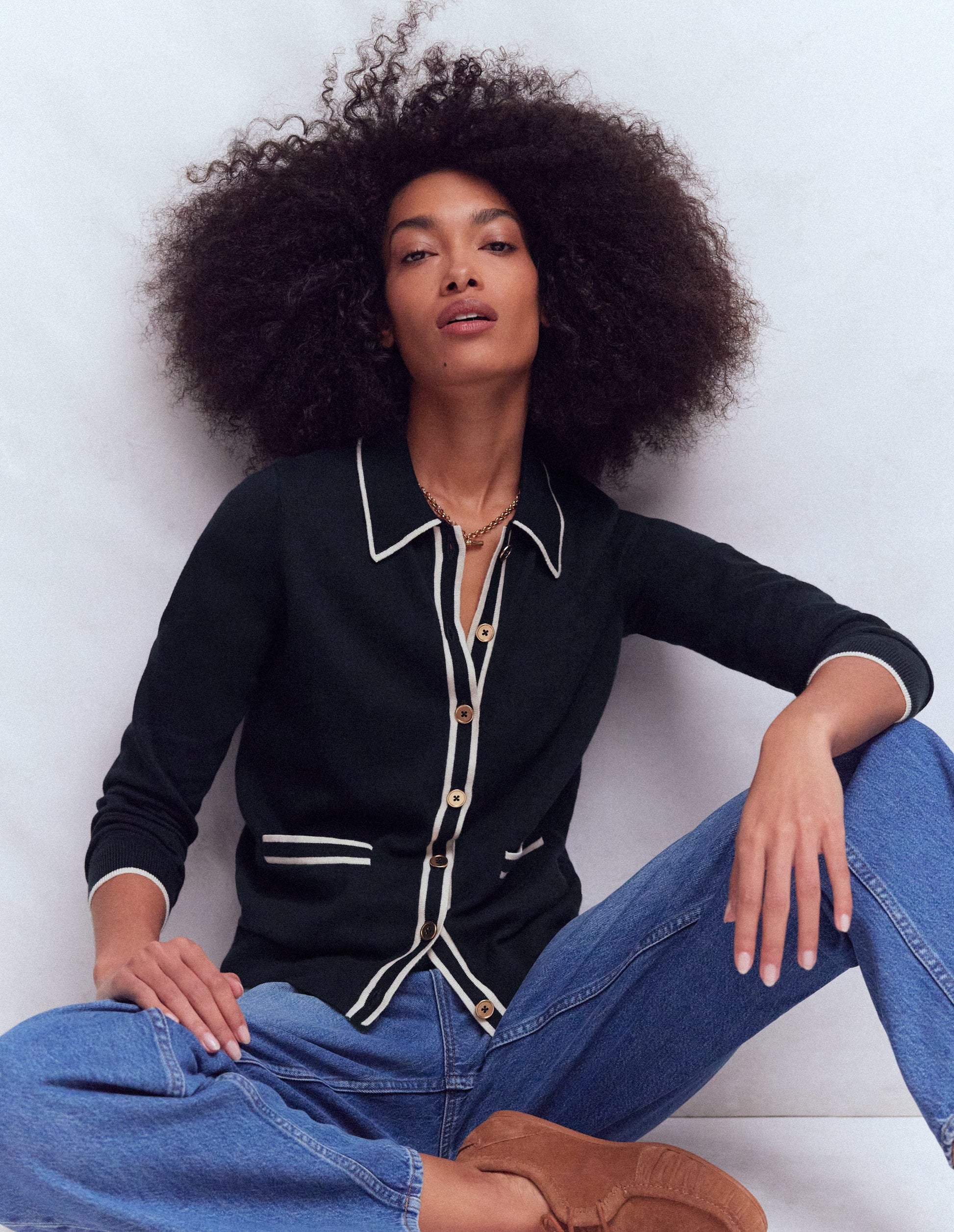 Liz Gestreifte Strickjacke mit Kragen-Marineblau-1