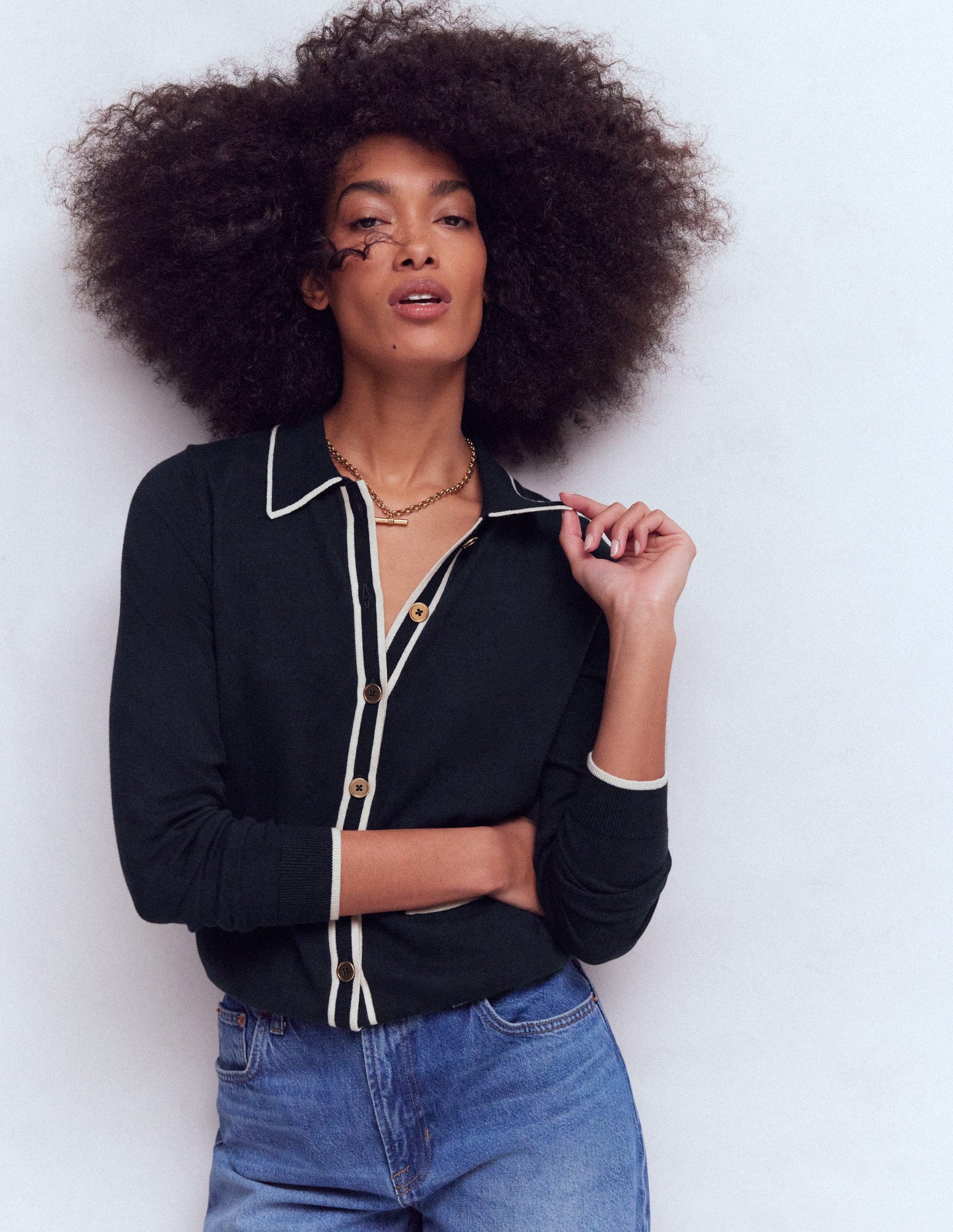 Liz Gestreifte Strickjacke mit Kragen-Marineblau