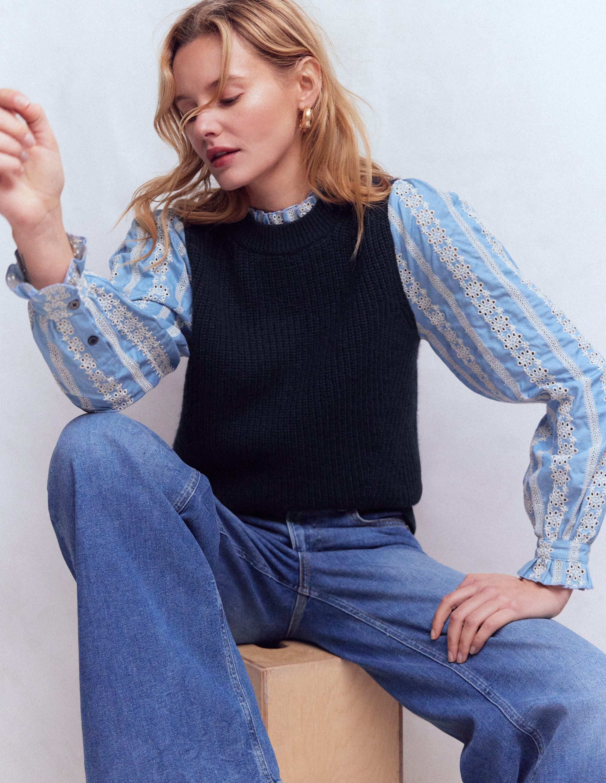 Pull en mélange maille et tissu-Bleu marine - Image 1