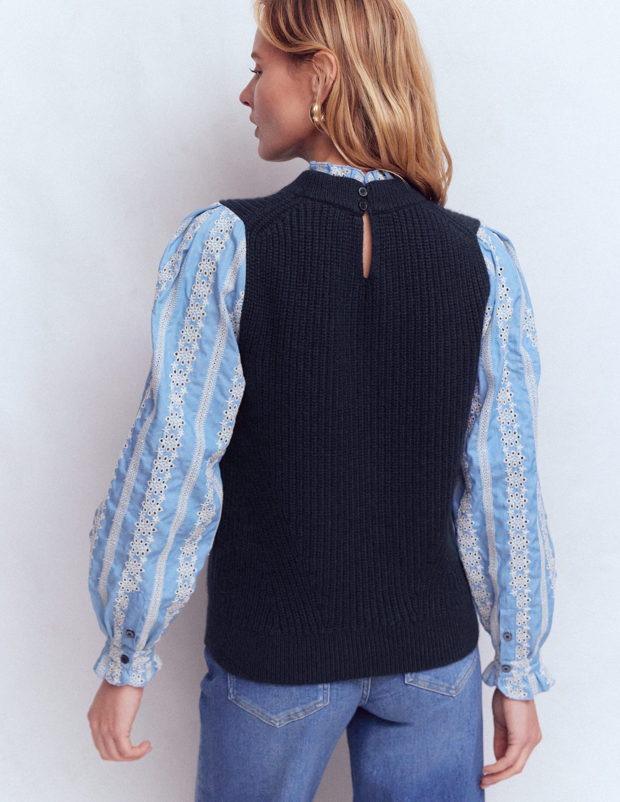 Pull en mélange maille et tissu-Bleu marine - Image 3