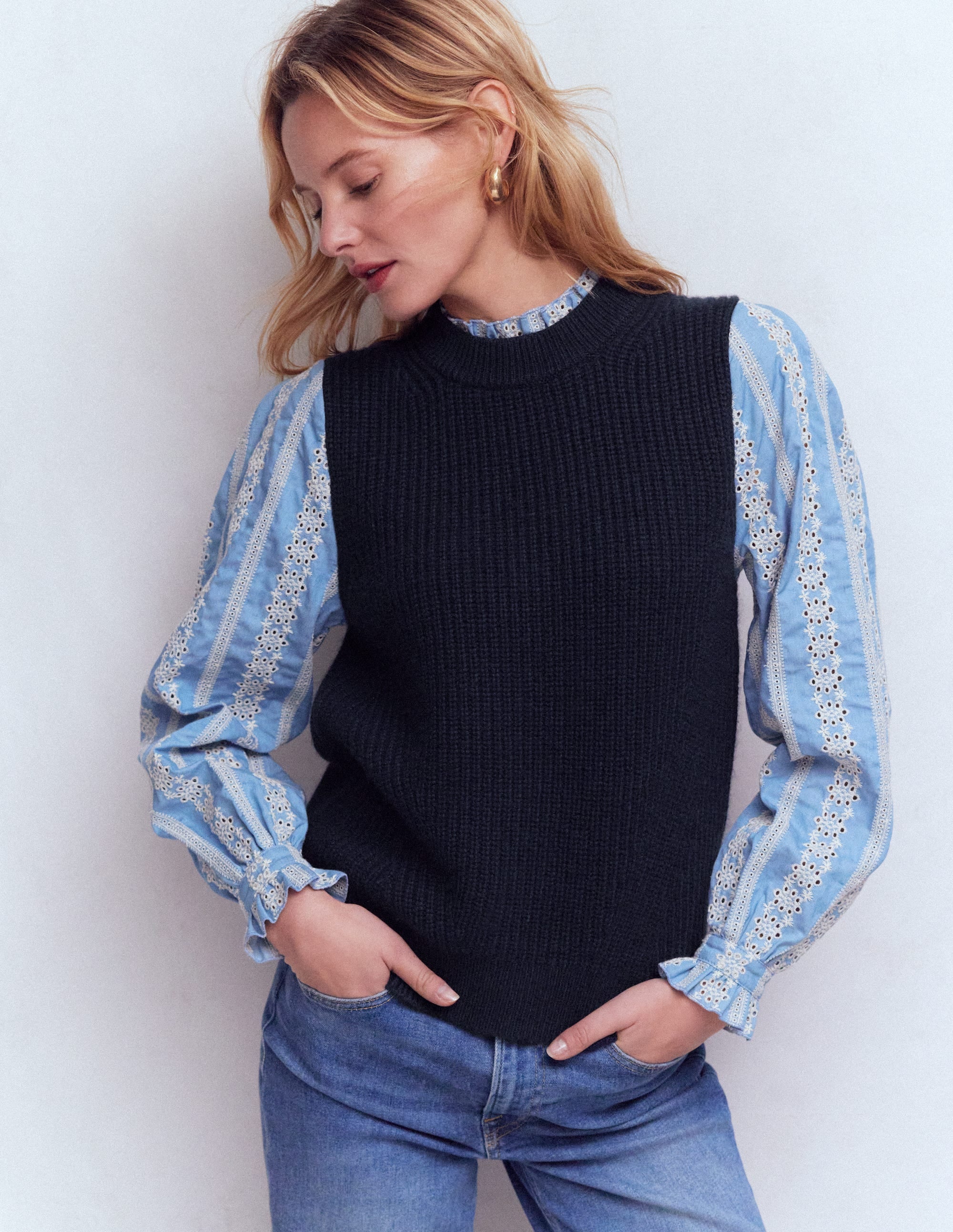 Pull en mélange maille et tissu-Bleu marine - Image 4