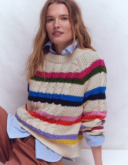 Baumwollpullover mit Zopfmuster-Warmes Naturweiß, Regenbogen-2