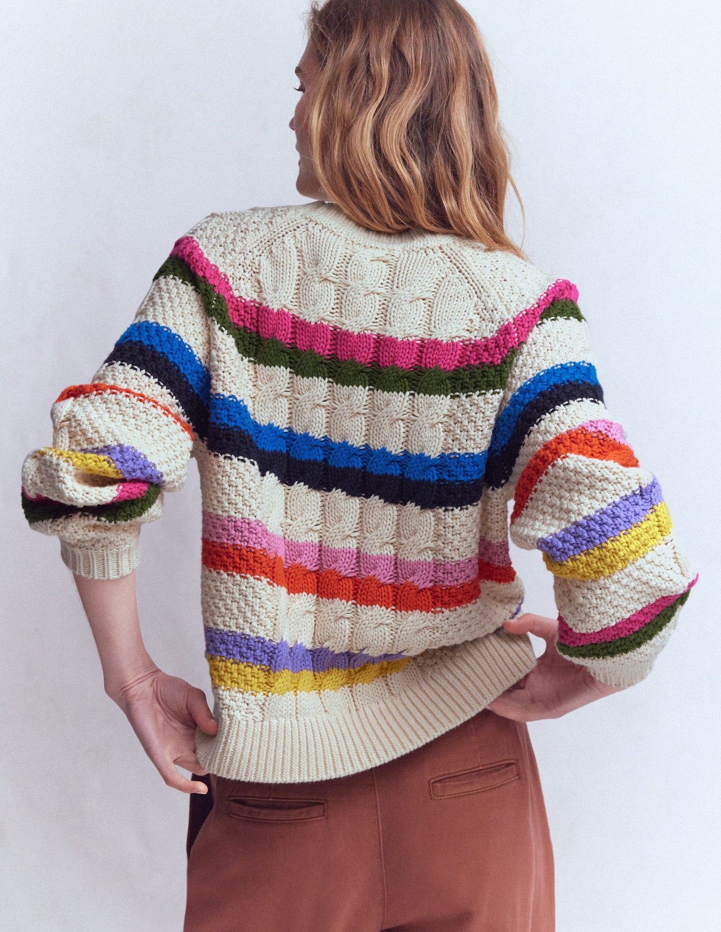Baumwollpullover mit Zopfmuster-Warmes Naturweiß, Regenbogen