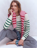 Lucy Grob gestrickter Baumwollpullover-Naturweiß und Juwelengrün Streifen