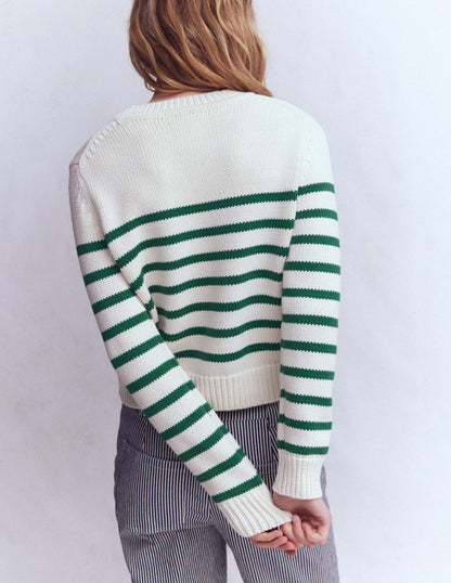 Pull Lucy en coton épais-Rayé ivoire et vert joyau-3