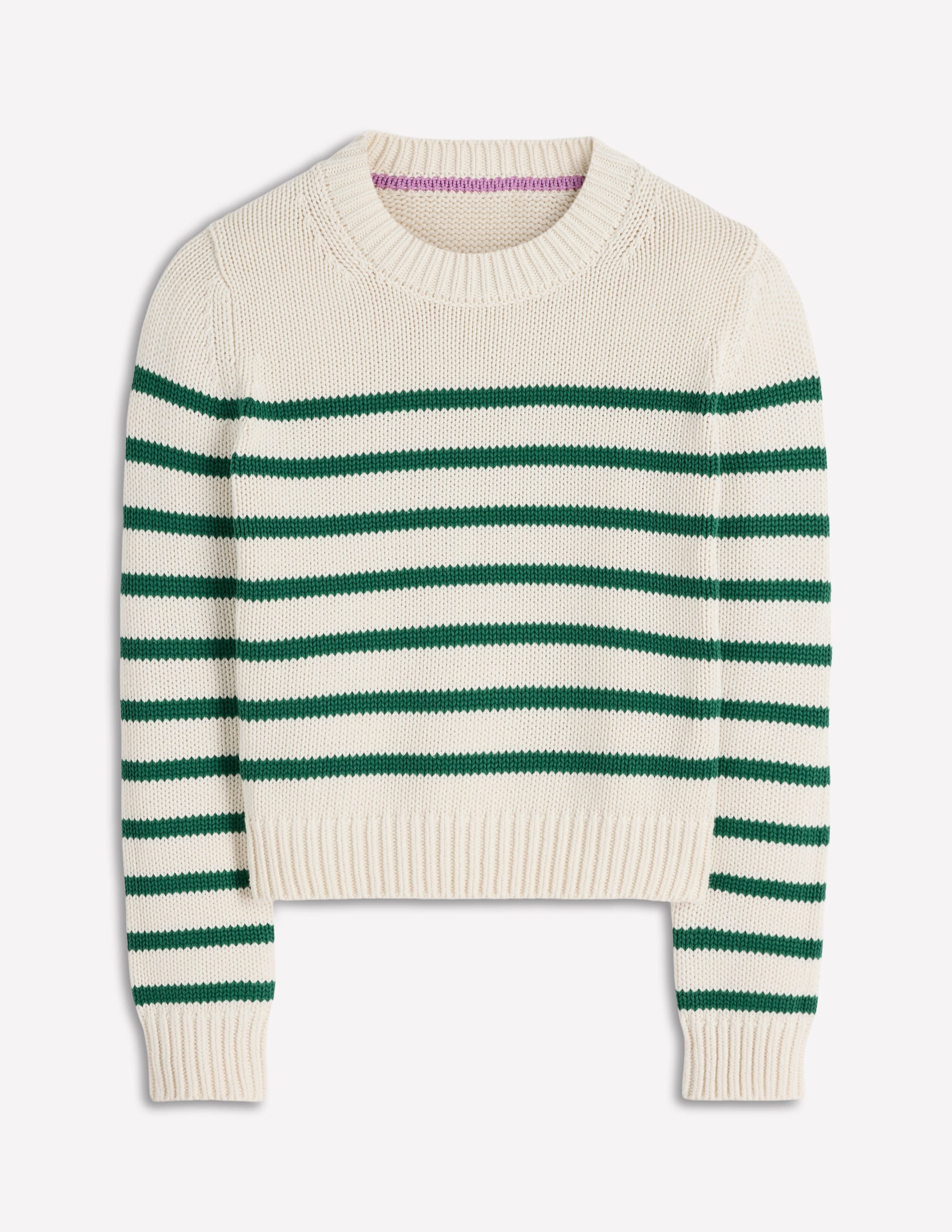 Lucy Grob gestrickter Baumwollpullover-Naturweiß und Juwelengrün Streifen - Image 5