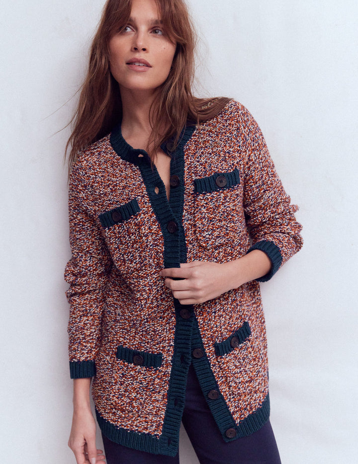 Texturierte, Melierte Strickjacke-Marineblau/Rot Meliert