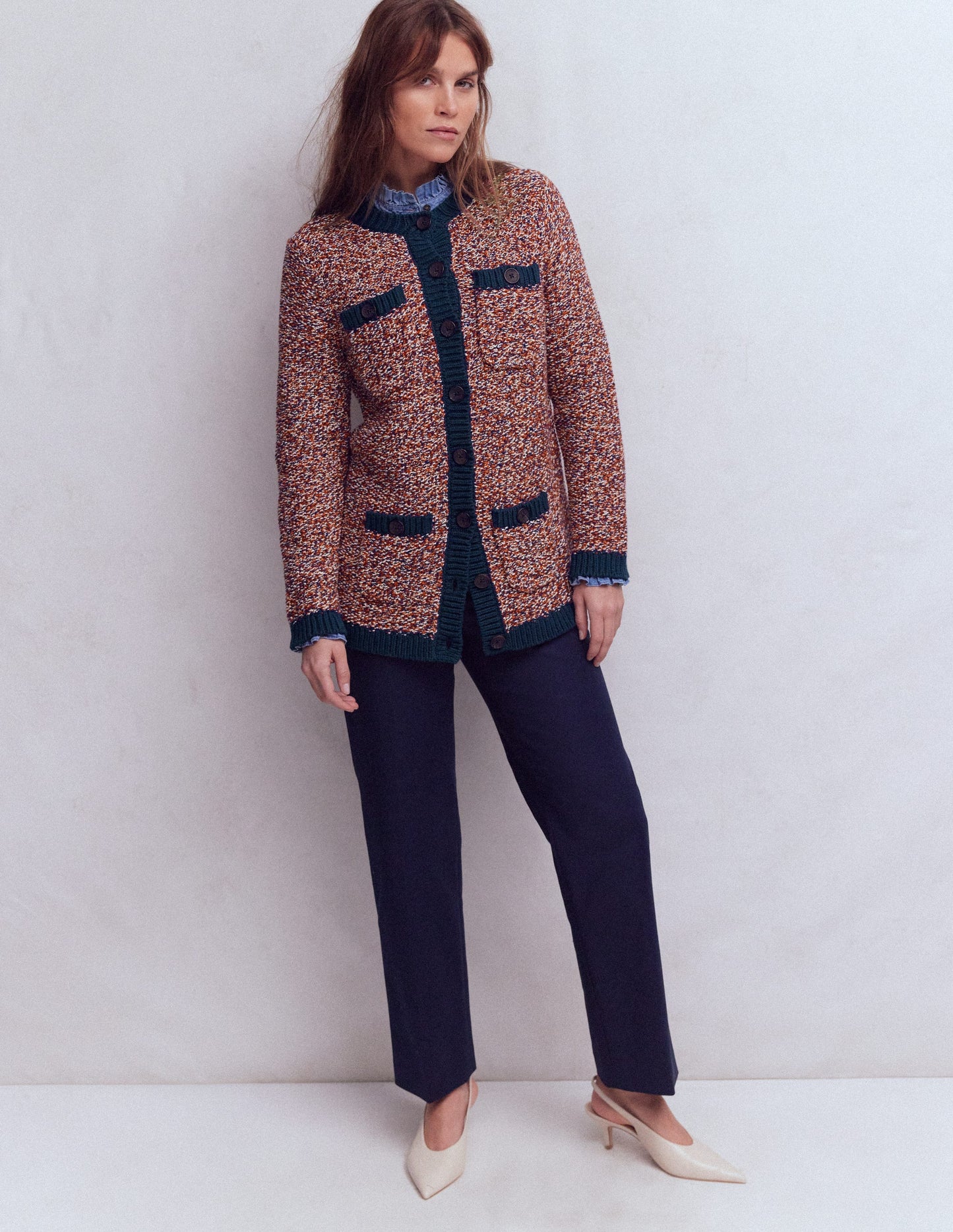 Texturierte, Melierte Strickjacke-Marineblau/Rot Meliert