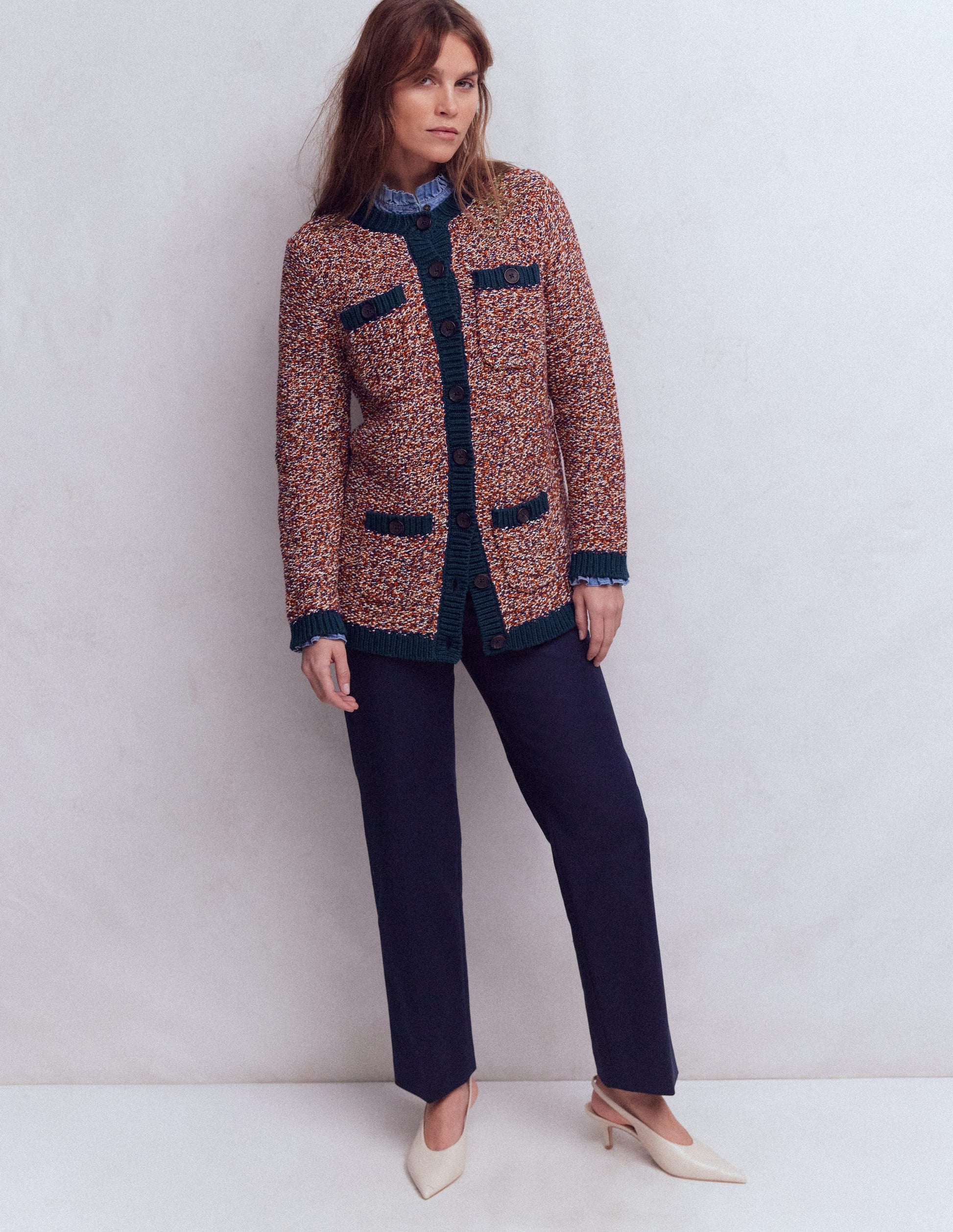 Texturierte, Melierte Strickjacke-Marineblau/Rot Meliert-4