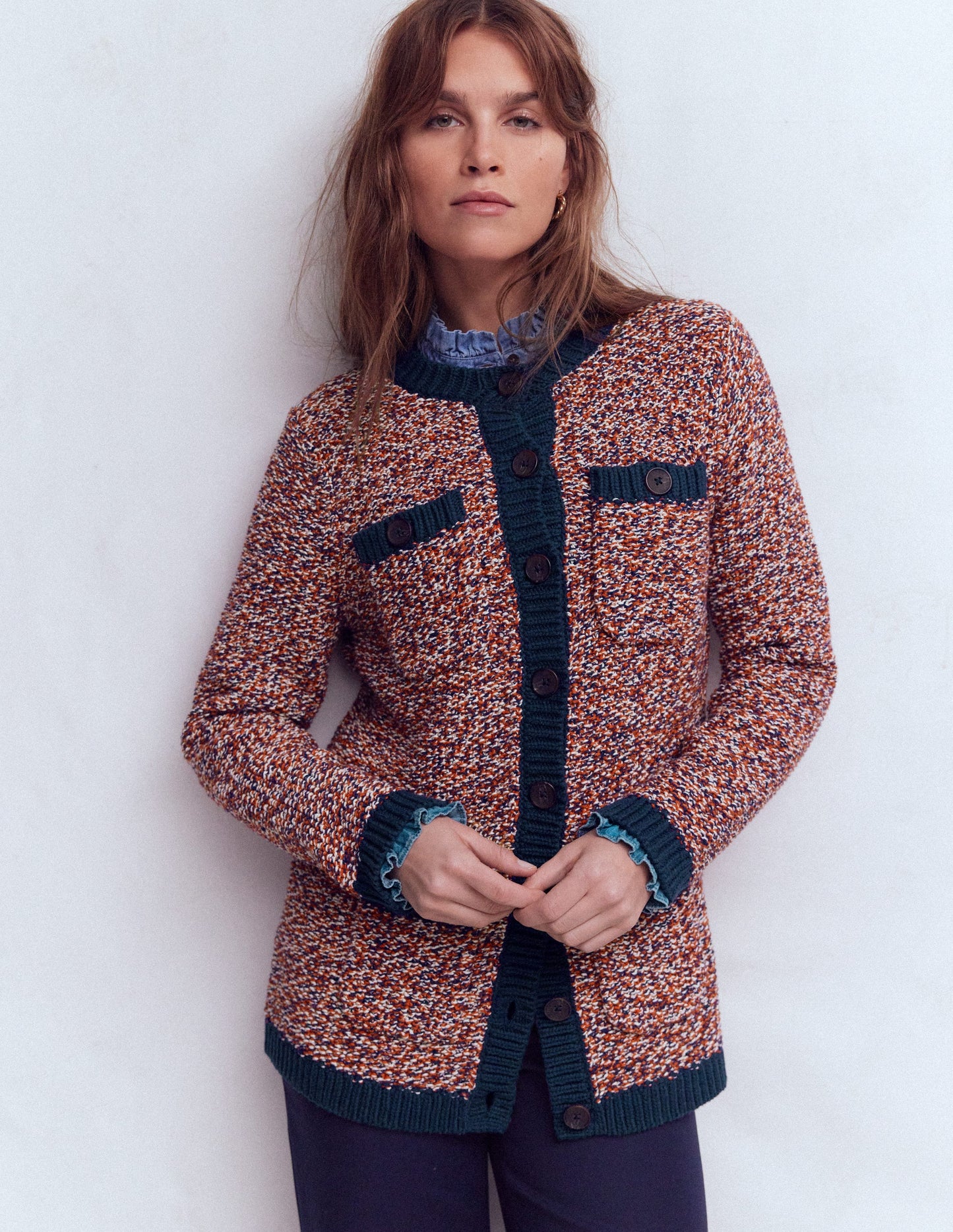 Texturierte, Melierte Strickjacke-Marineblau/Rot Meliert