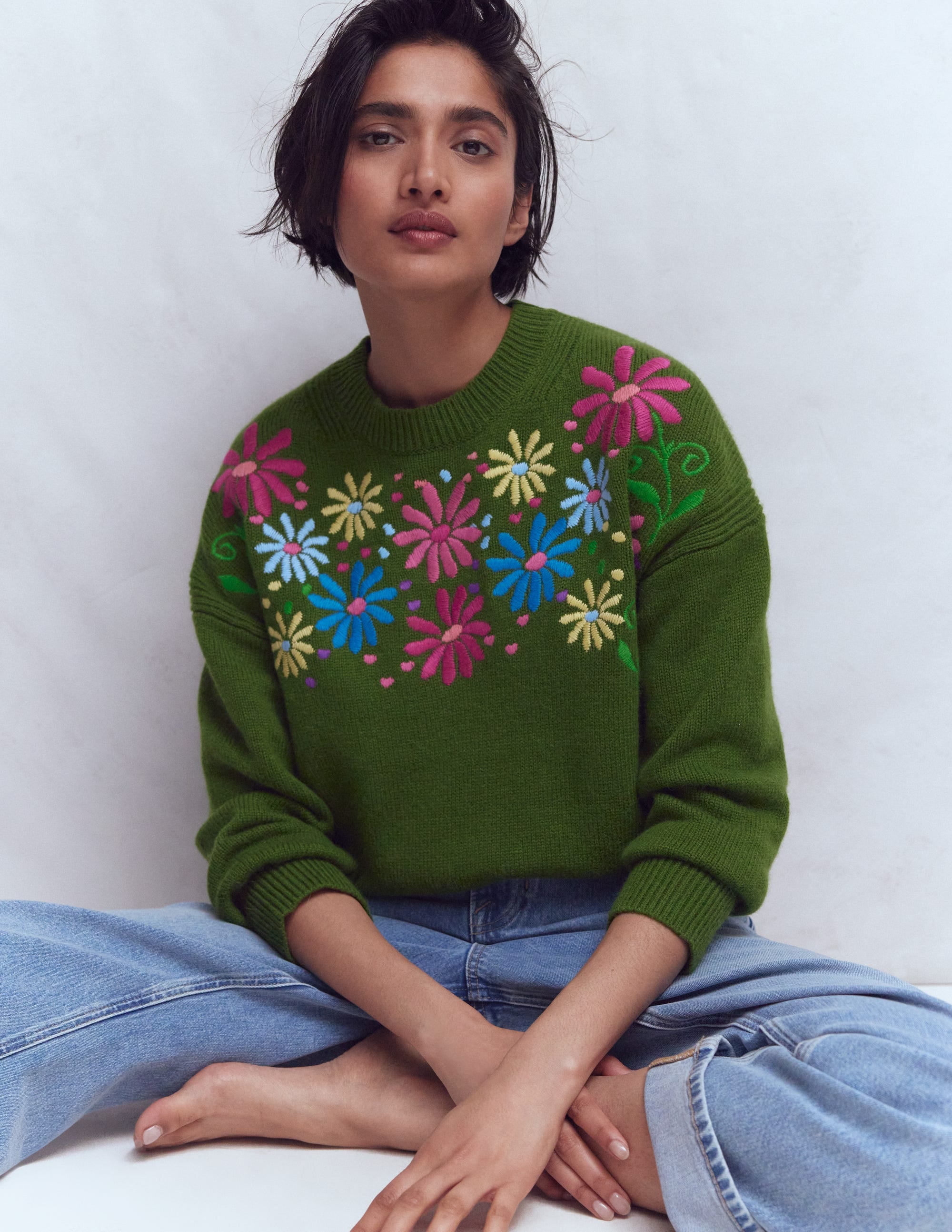 Isa Embroidered Jumper-Herb Garden, Green Flowers - Image 1