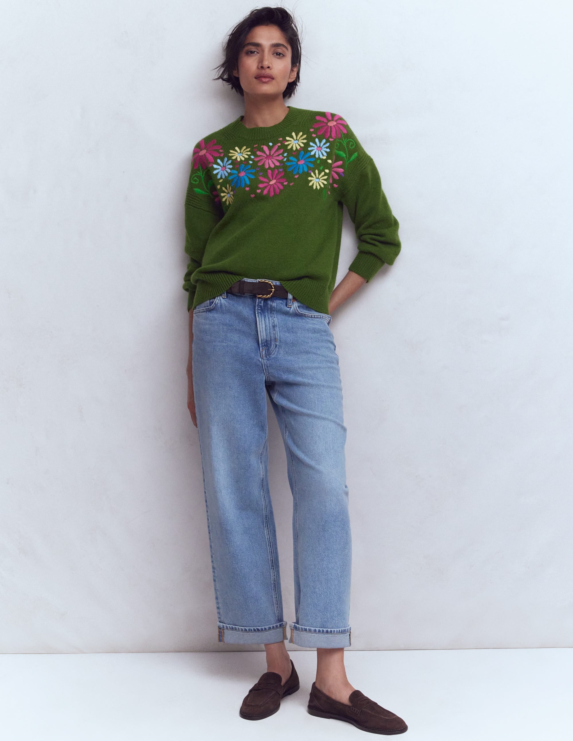 Isa Embroidered Jumper-Herb Garden, Green Flowers - Image 4
