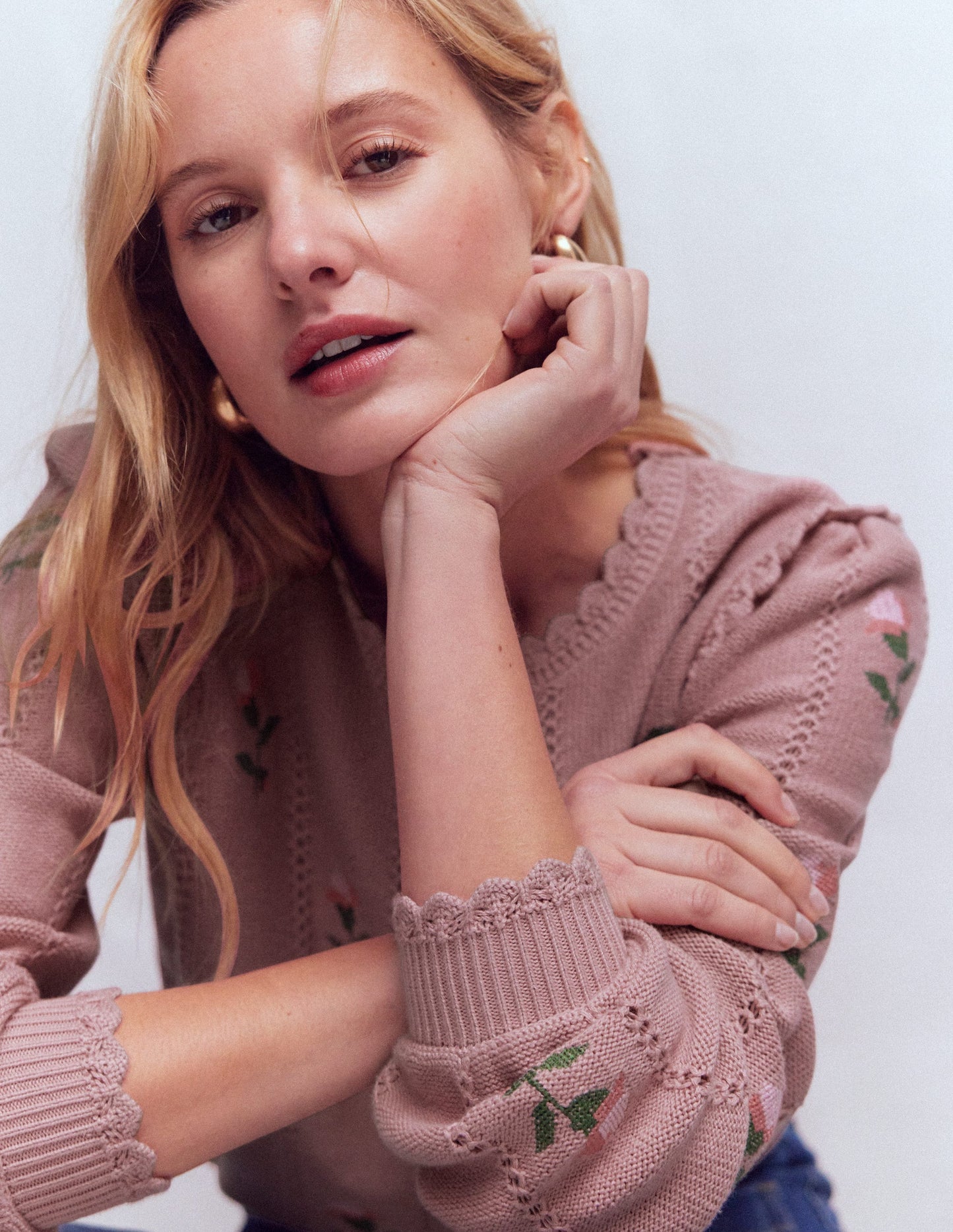 Pull Valeria à détails crochet-Rose, broderie