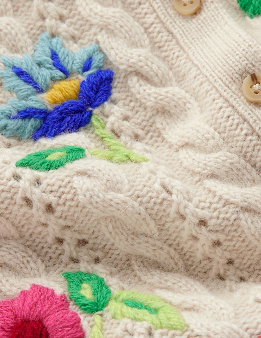 Liv Bestickte Strickjacke mit Zopfmuster-Beige Meliert