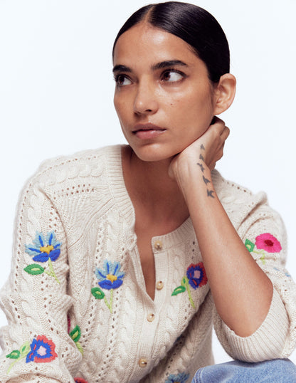 Liv Bestickte Strickjacke mit Zopfmuster-Beige Meliert-5