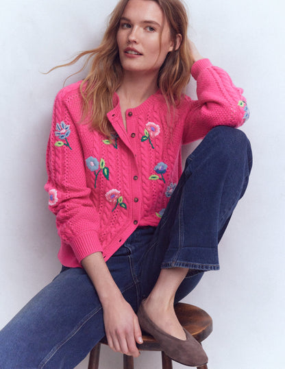 Liv Bestickte Strickjacke mit Zopfmuster-Rosarot-1