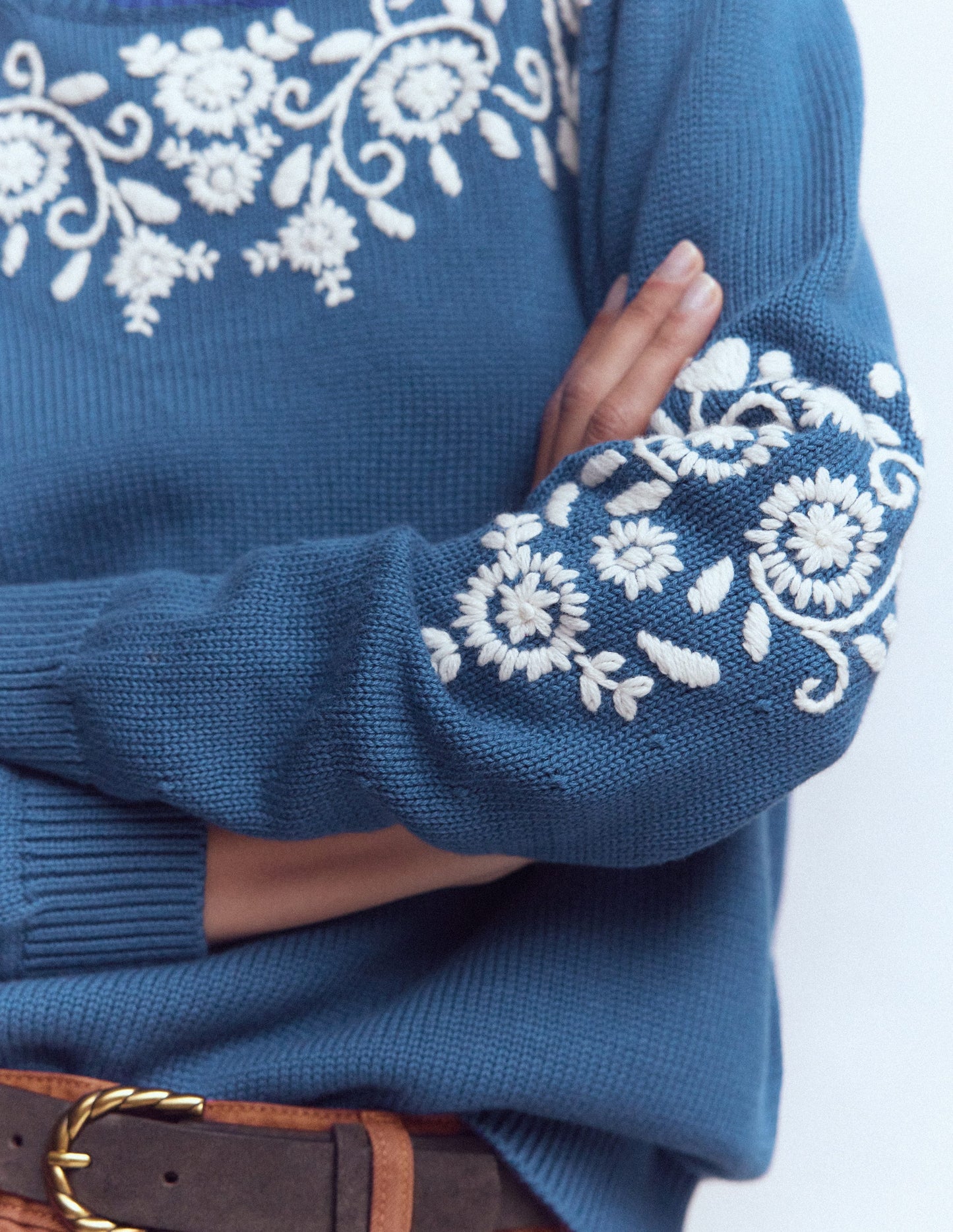 Davina Pullover mit Puffärmeln-Denim-Blau Stickerei