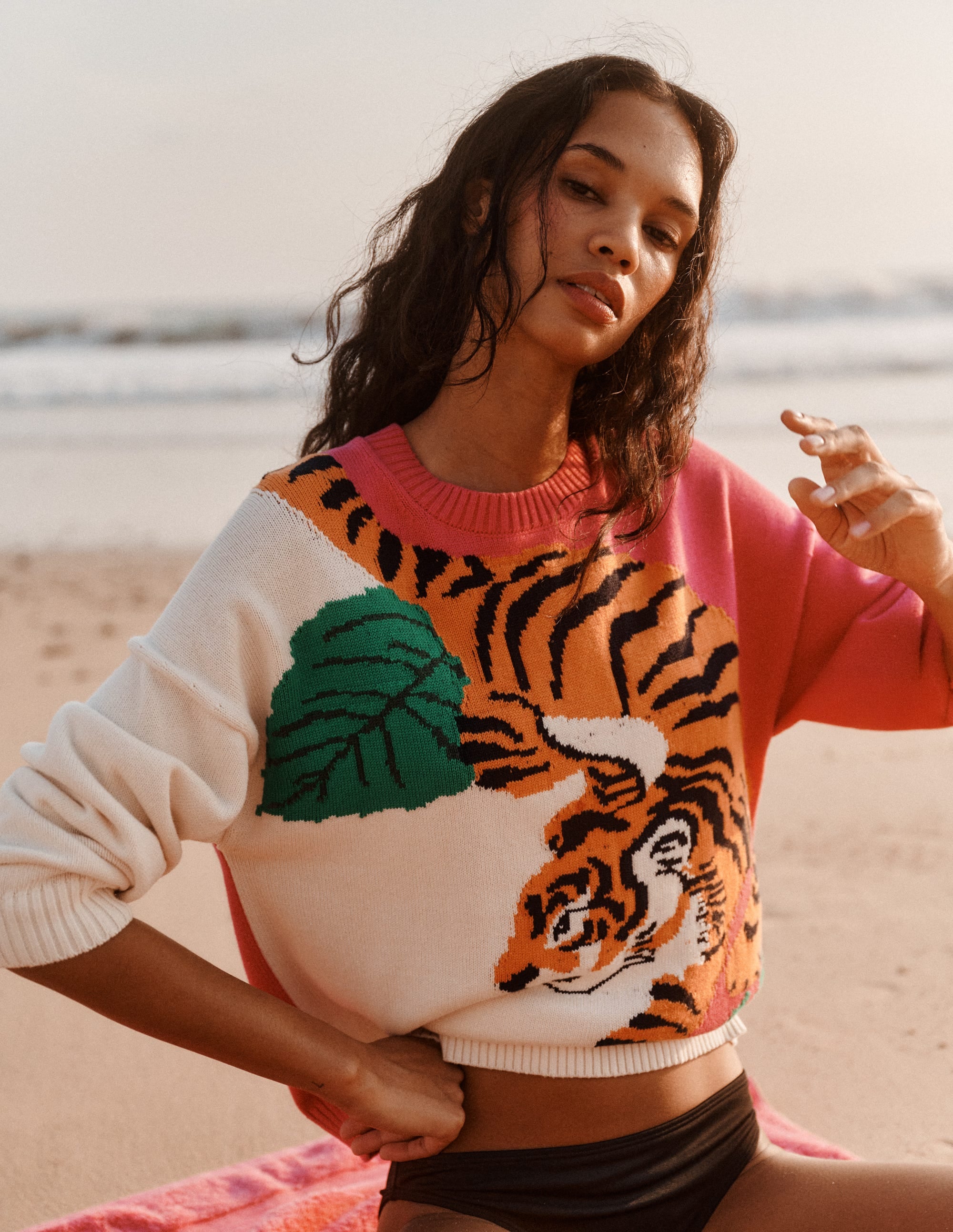 Jacquard-Pullover-Warmes Naturweiß und rosa Tiger - Image 6