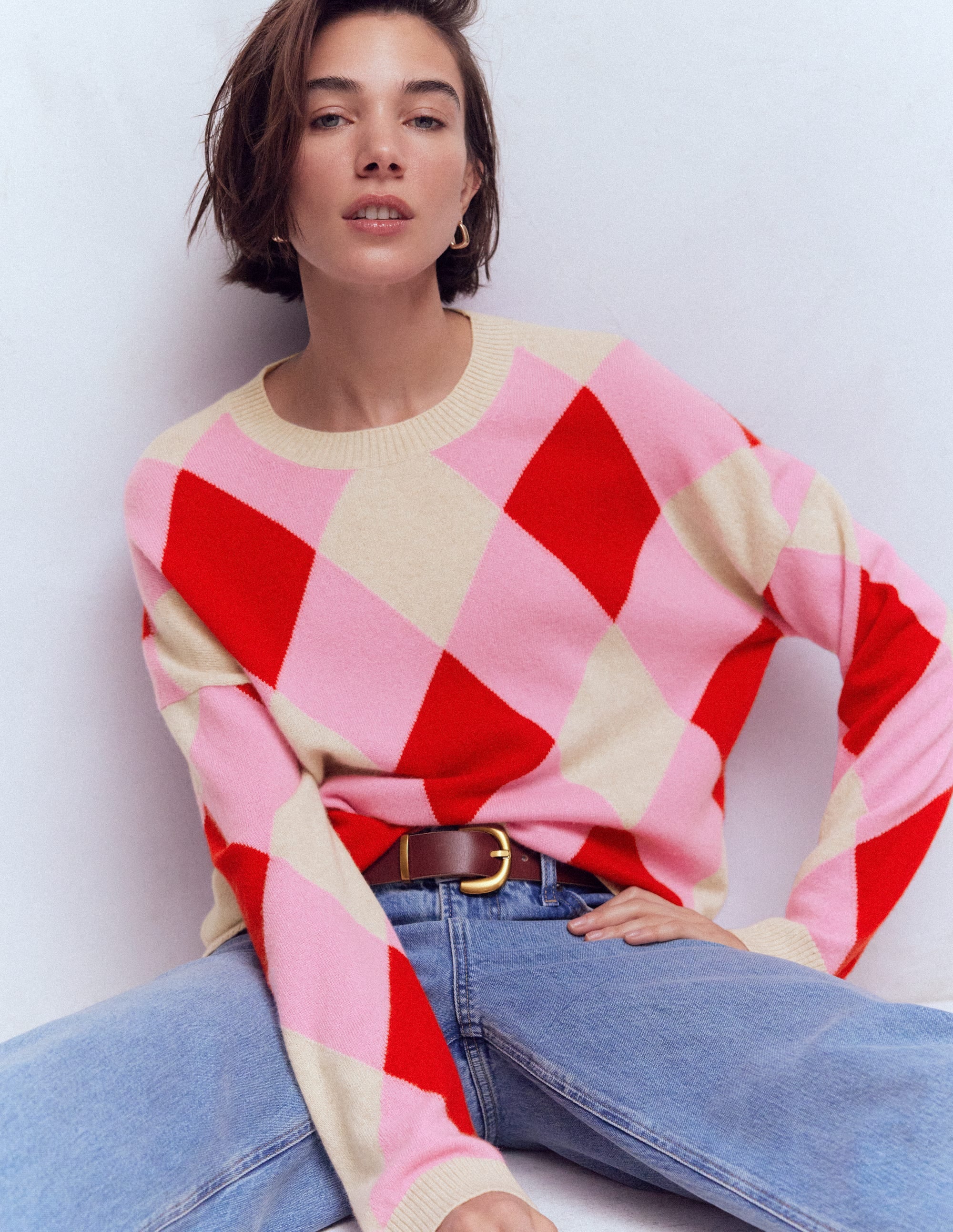 Pull Anastasia en cachemire-Motif Argyle rouge et rose - Image 1