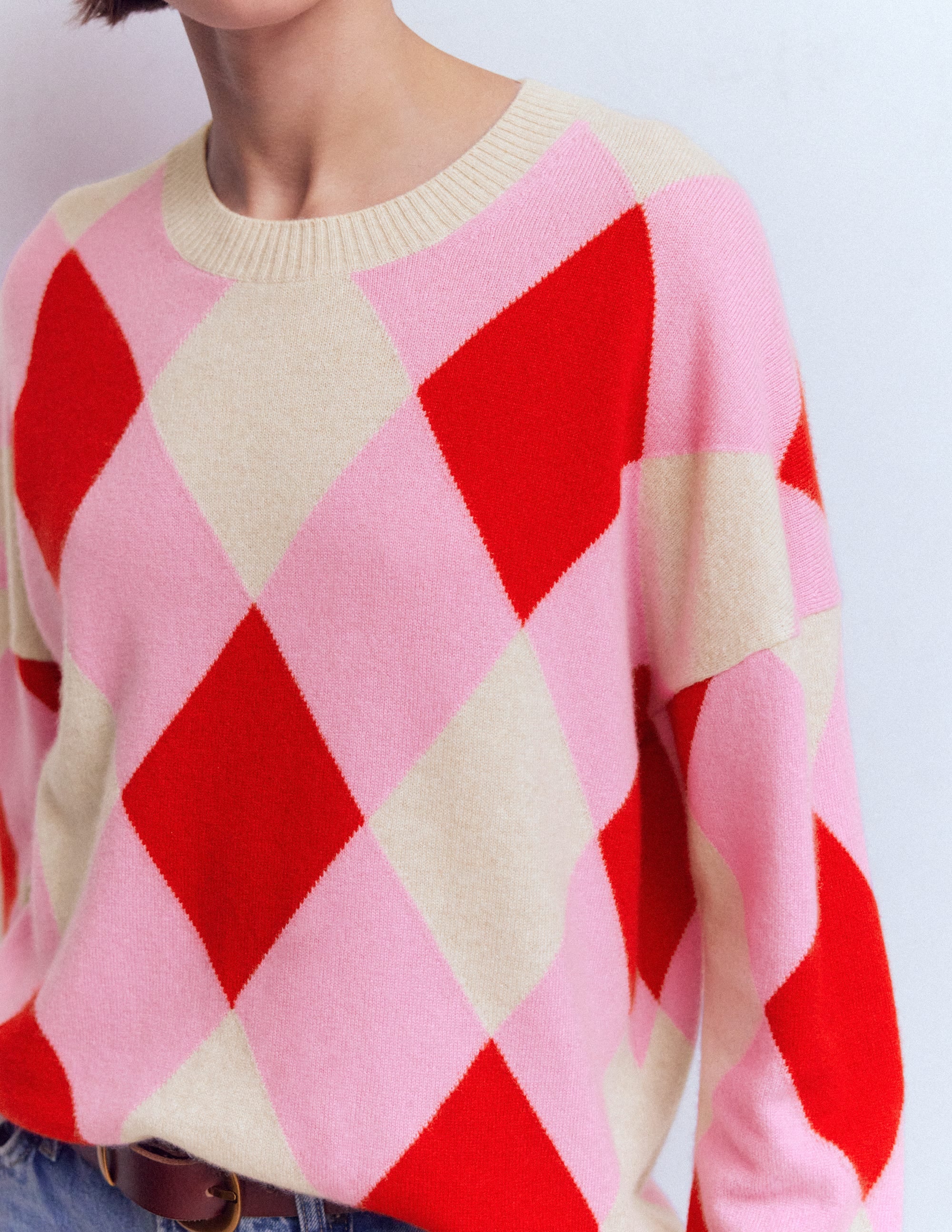 Pull Anastasia en cachemire-Motif Argyle rouge et rose - Image 2