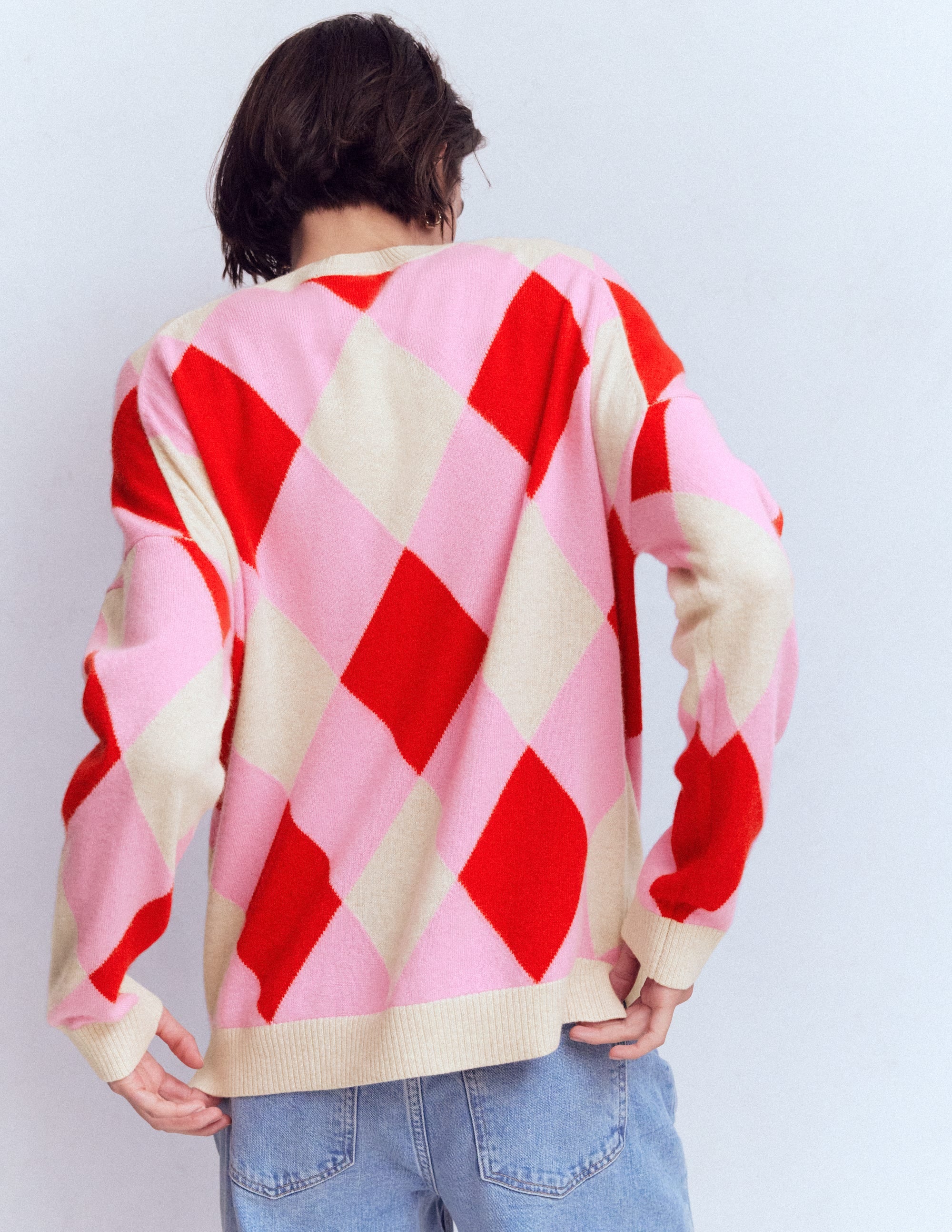 Pull Anastasia en cachemire-Motif Argyle rouge et rose - Image 3