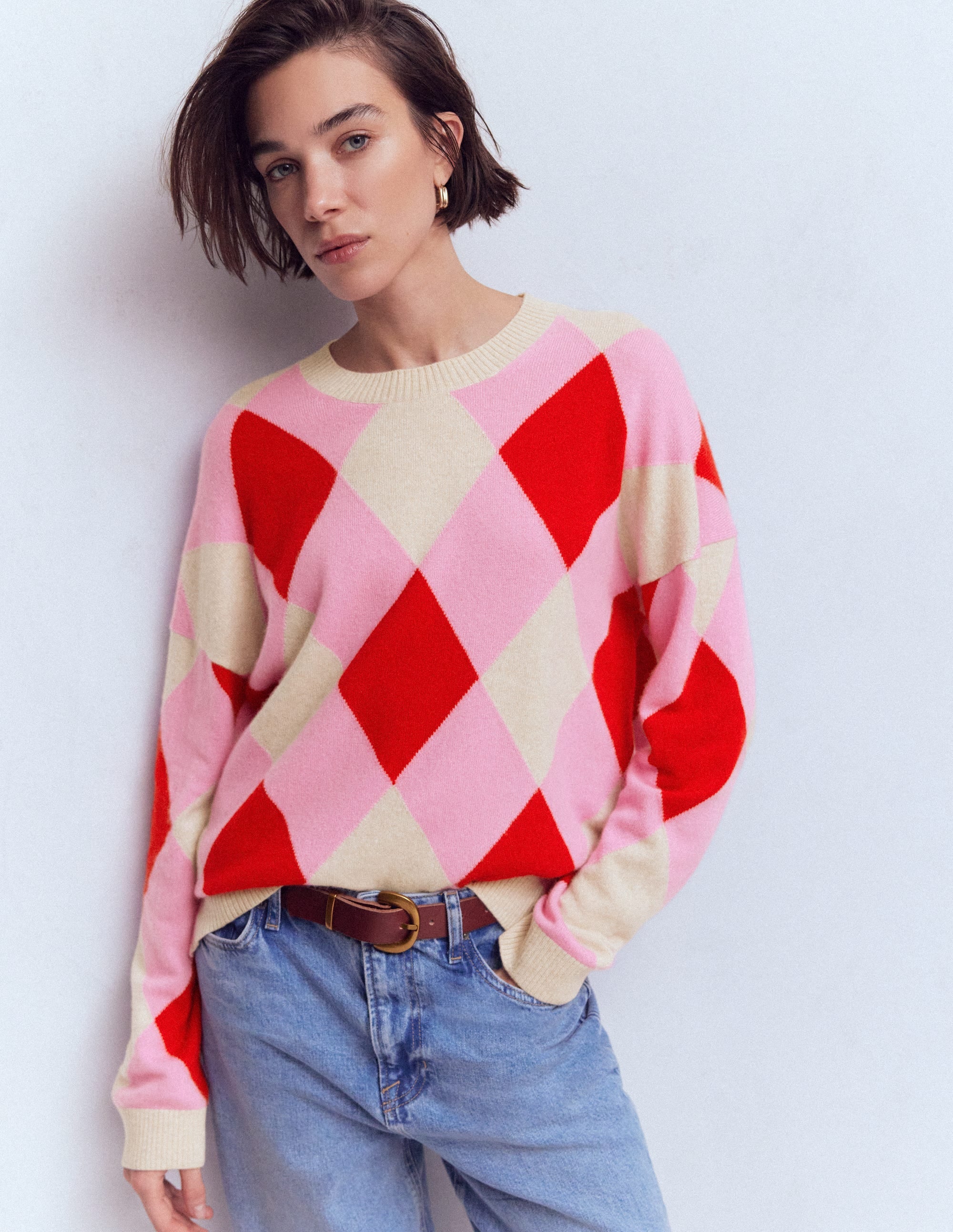 Pull Anastasia en cachemire-Motif Argyle rouge et rose - Image 4