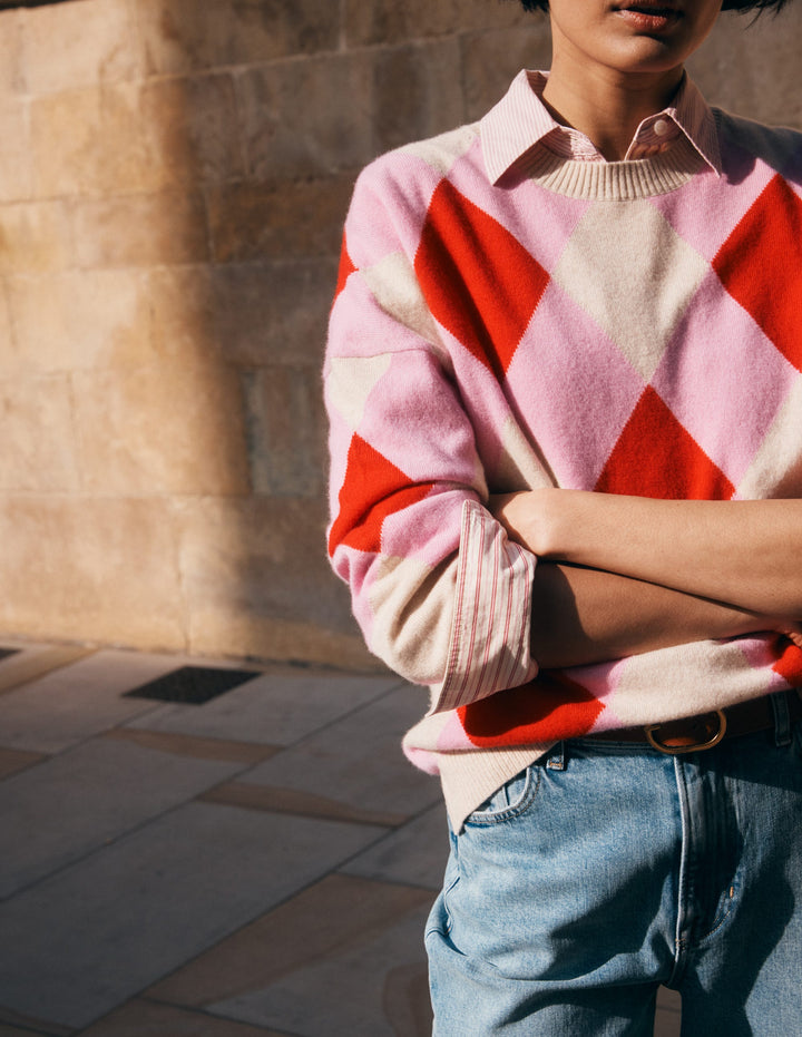 Pull Anastasia en cachemire-Motif Argyle rouge et rose