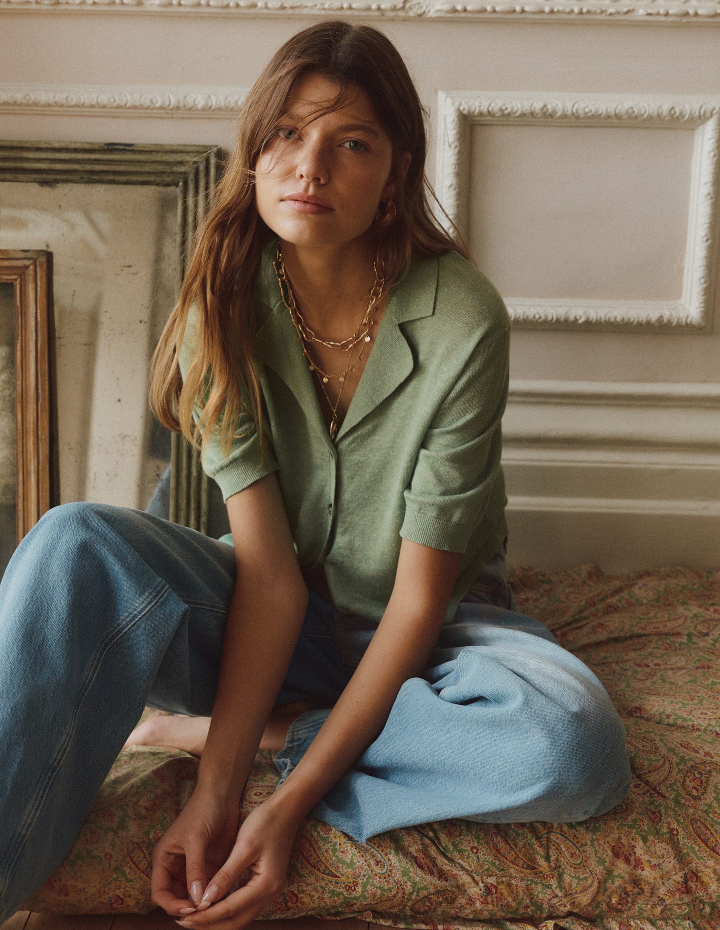 Gilet à col Agnes en lin-VERT