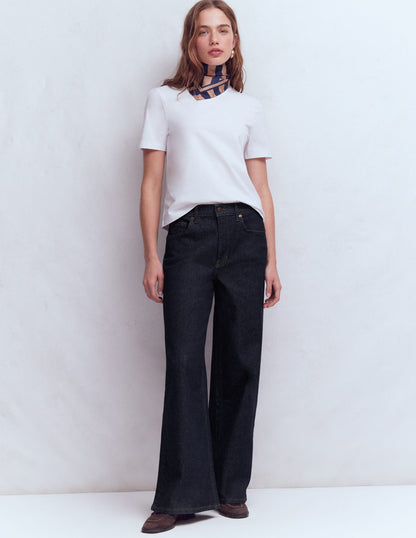 Hoch geschnittene Jeans mit weitem Bein-Indigo Waschung-1