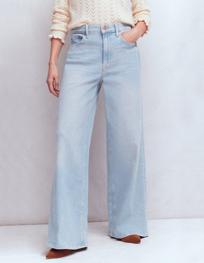 Hoch geschnittene Jeans mit weitem Bein-Ausgeblichene Optik-4