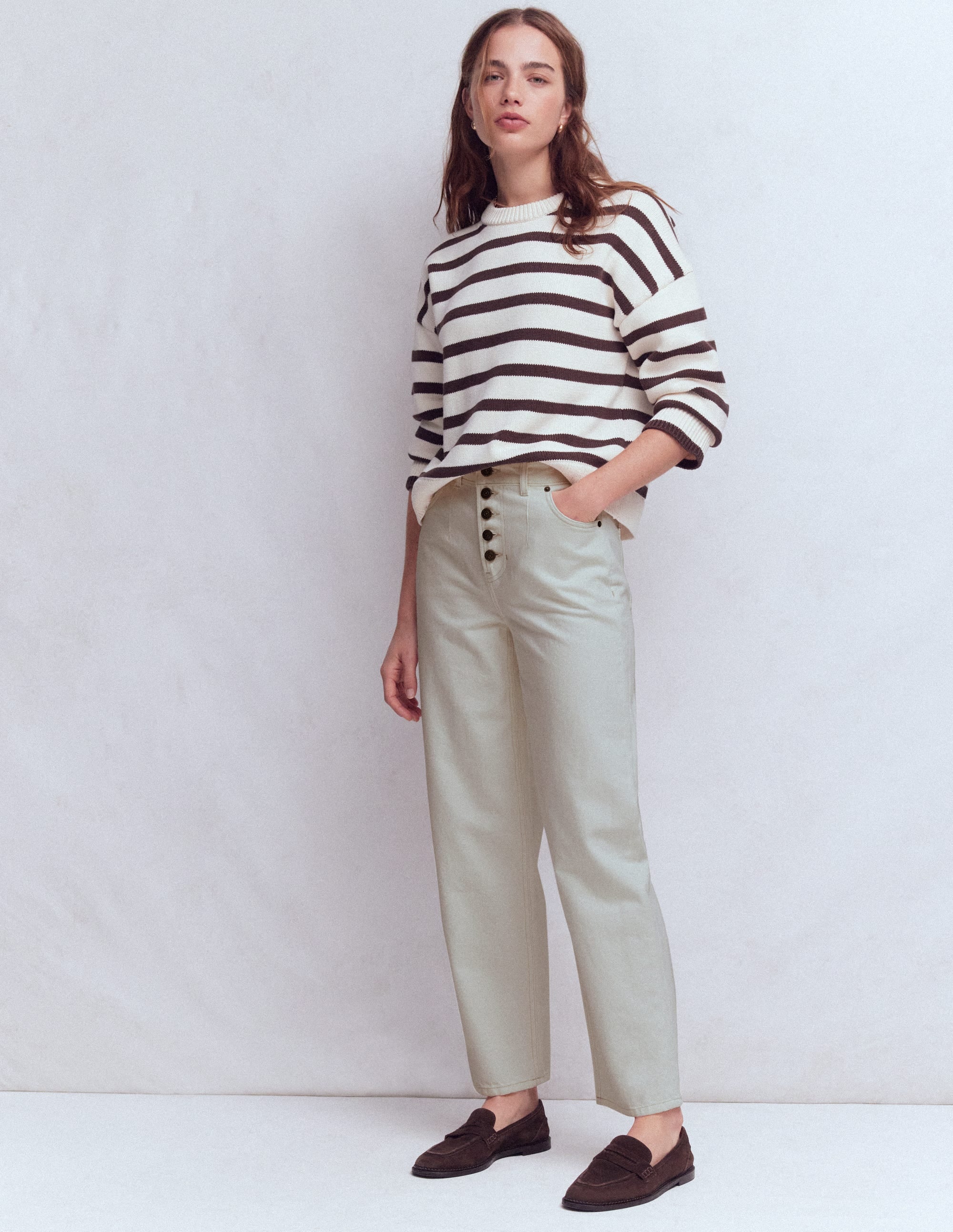 Exposed Button Straight Jeans-Ecru - Image 1