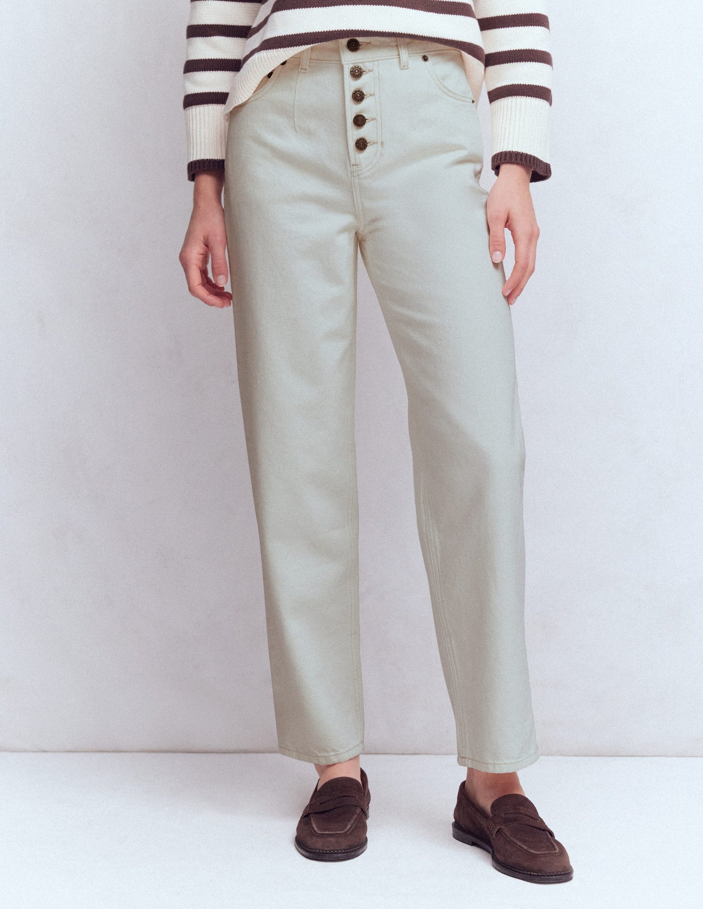 Jean droit à boutons apparents-Écru