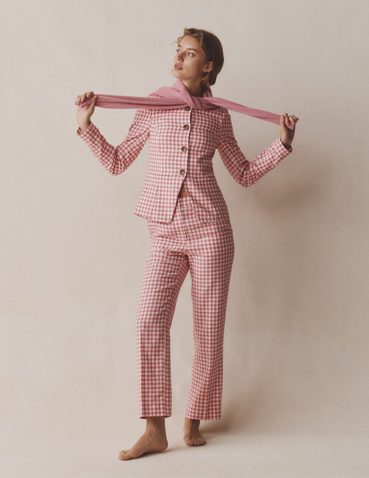Canonbury Linen Trousers-Dusty Rose and Ivory Gingham