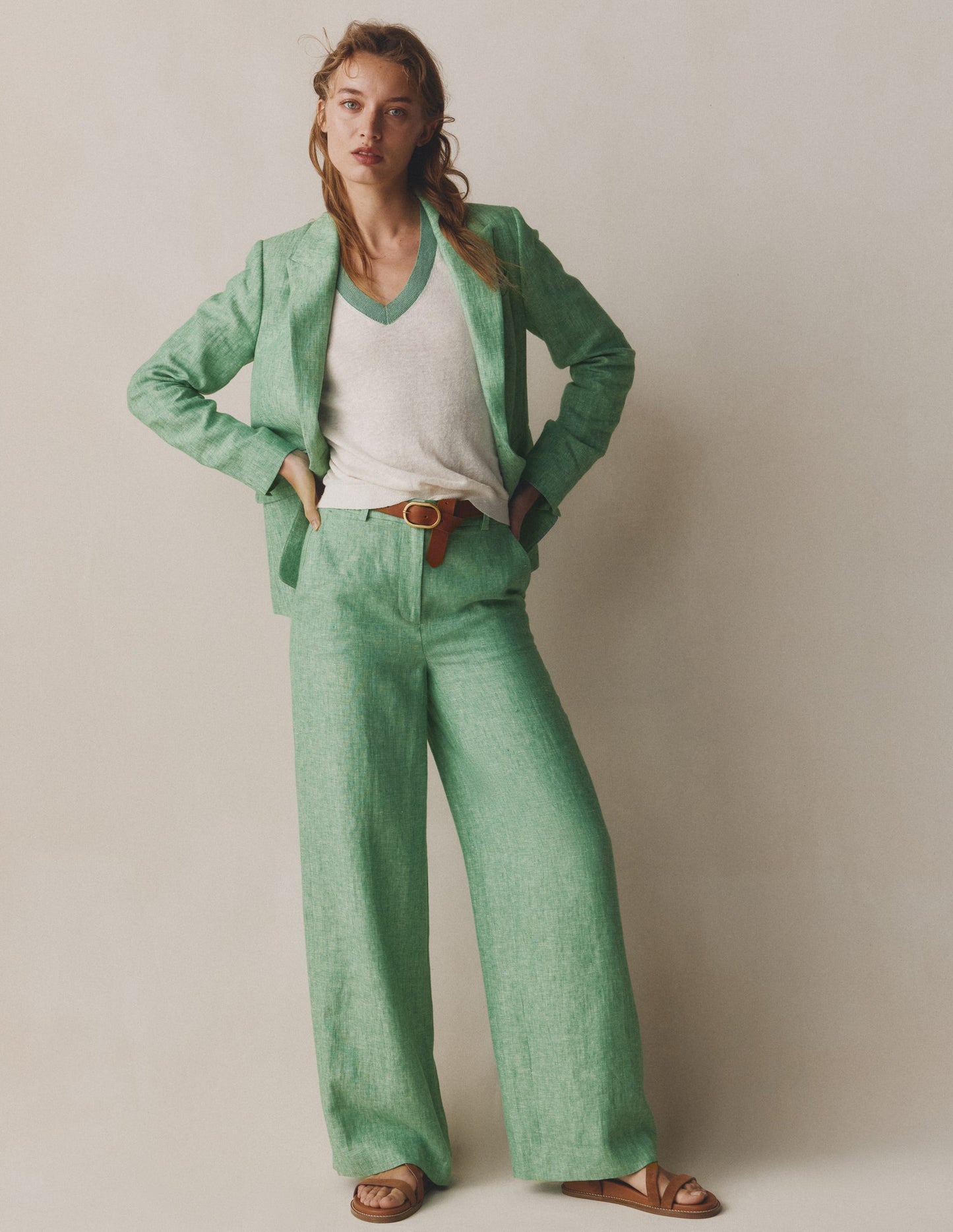 Pantalon Belgravia en lin-Chambray vert aloe vera