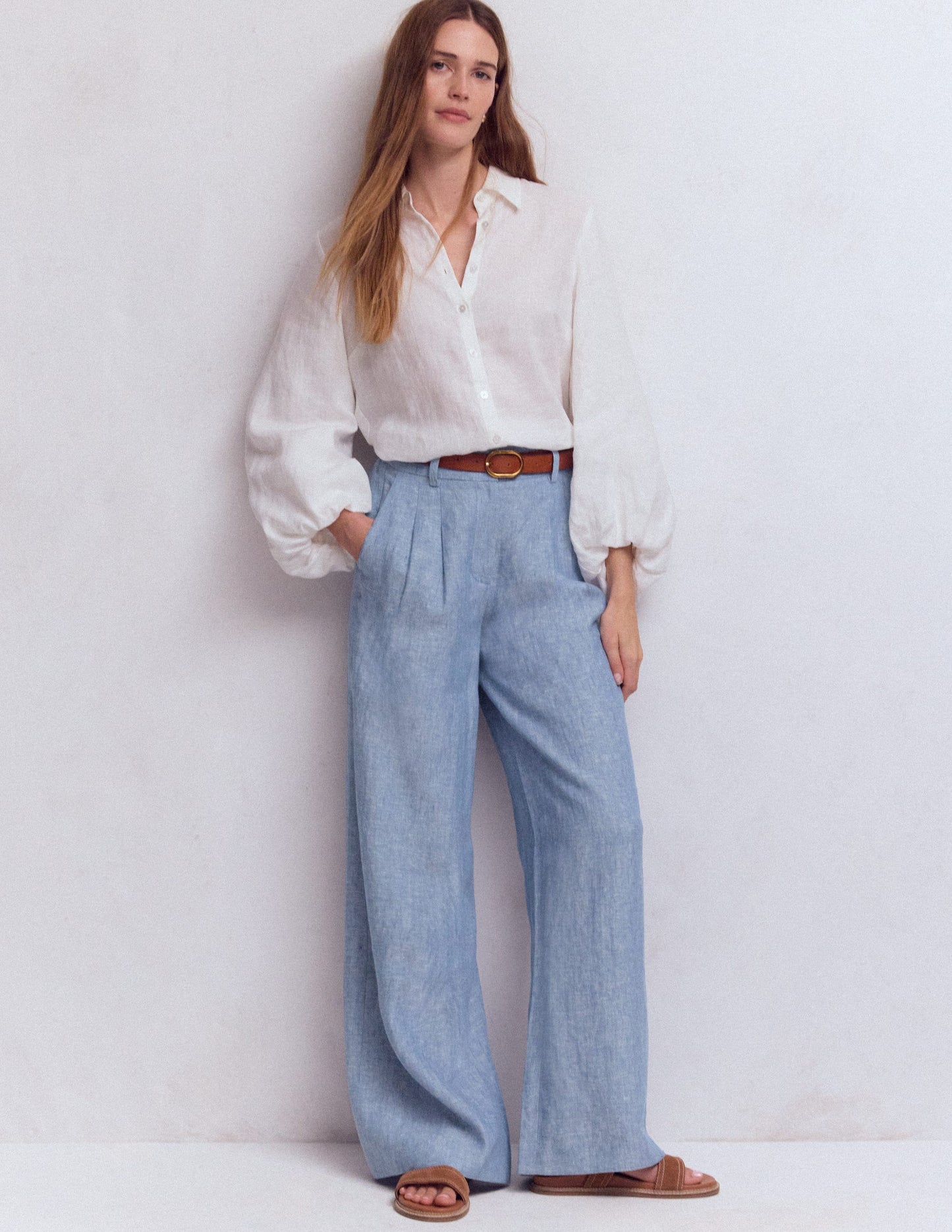 Pantalon Kensington en lin-Chambray Bleu