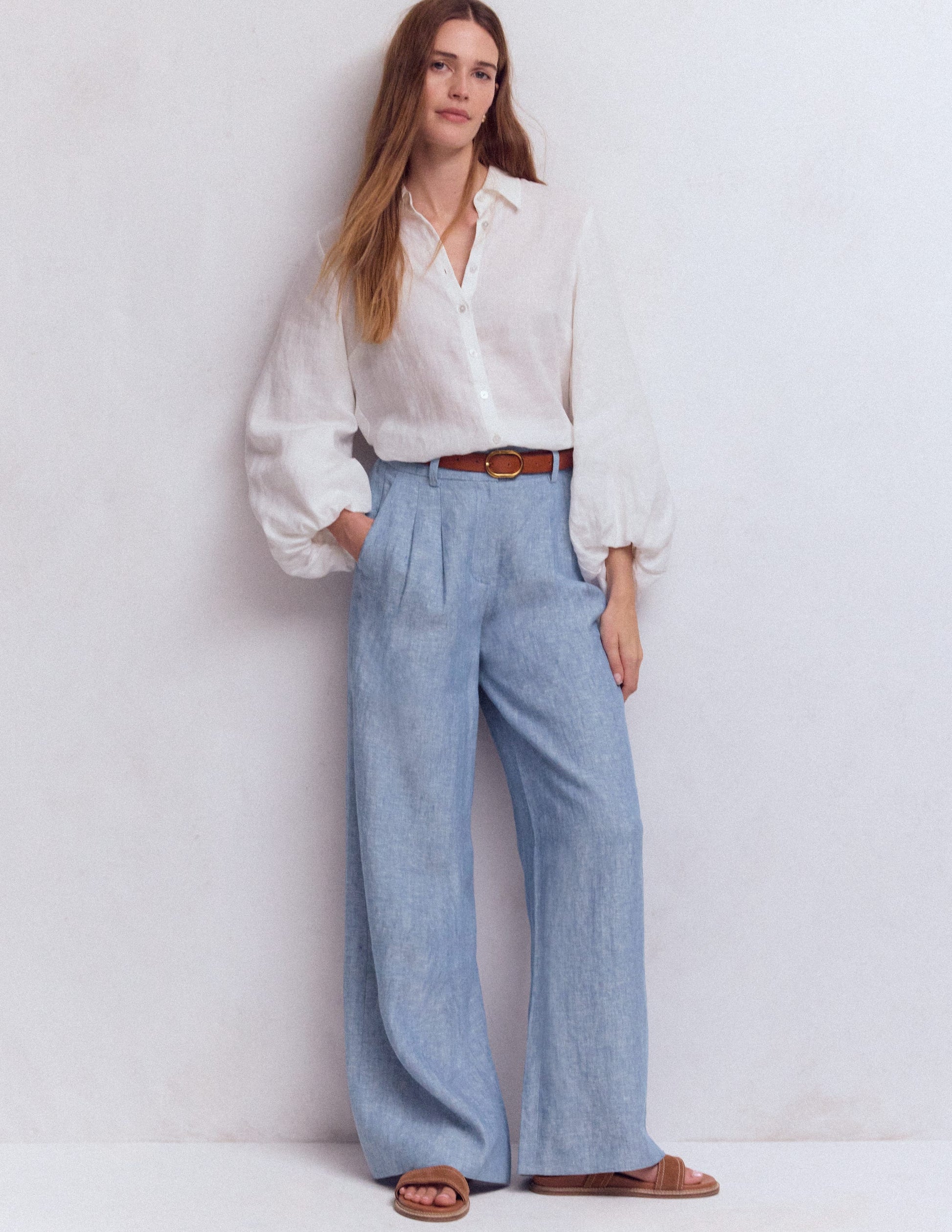 Pantalon Kensington en lin-Chambray Bleu-1