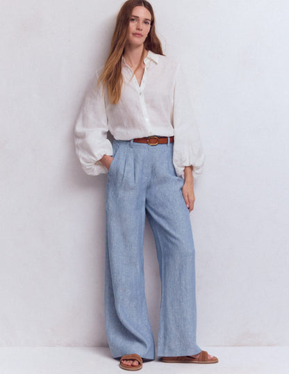 Pantalon Kensington en lin-Chambray Bleu-1