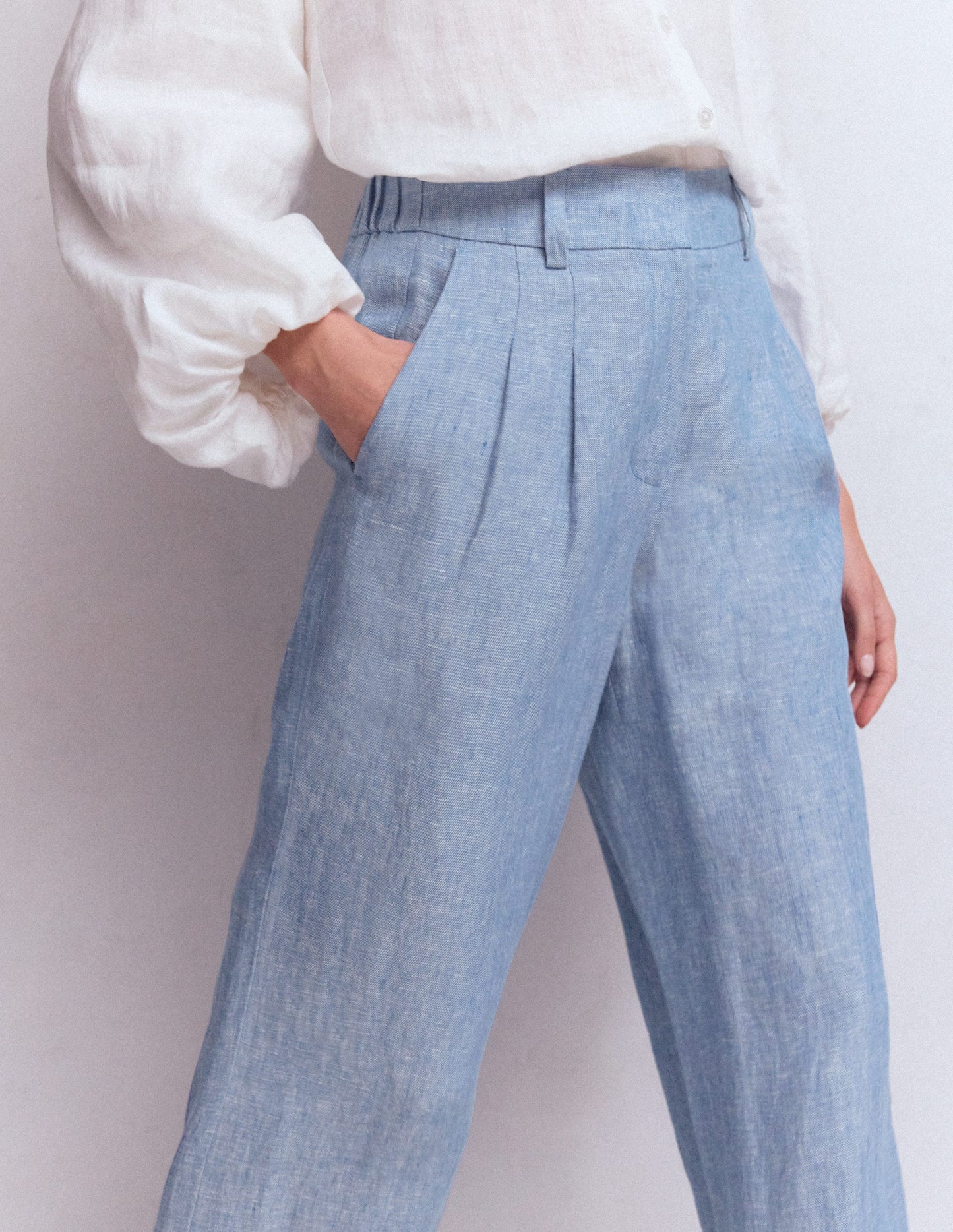 Pantalon Kensington en lin-Chambray Bleu