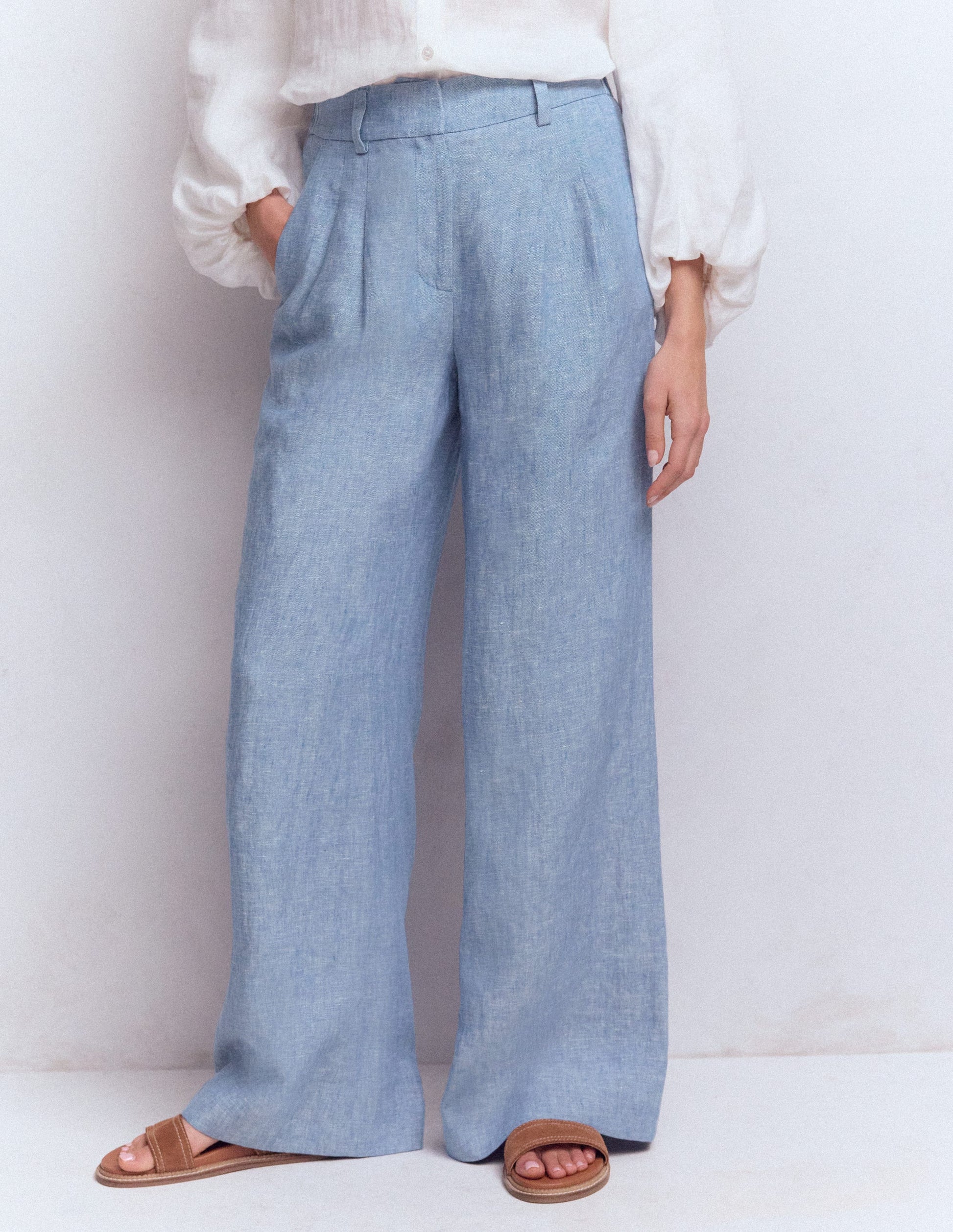 Pantalon Kensington en lin-Chambray Bleu-4